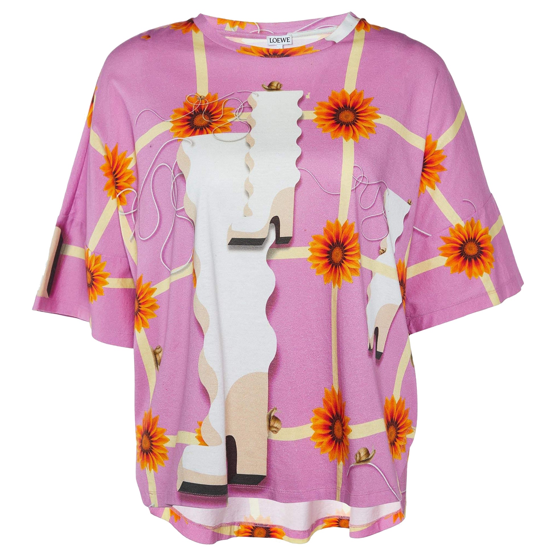 Camiseta Loewe rosa con estampado de papel pintado y cuello redondo de algodón S