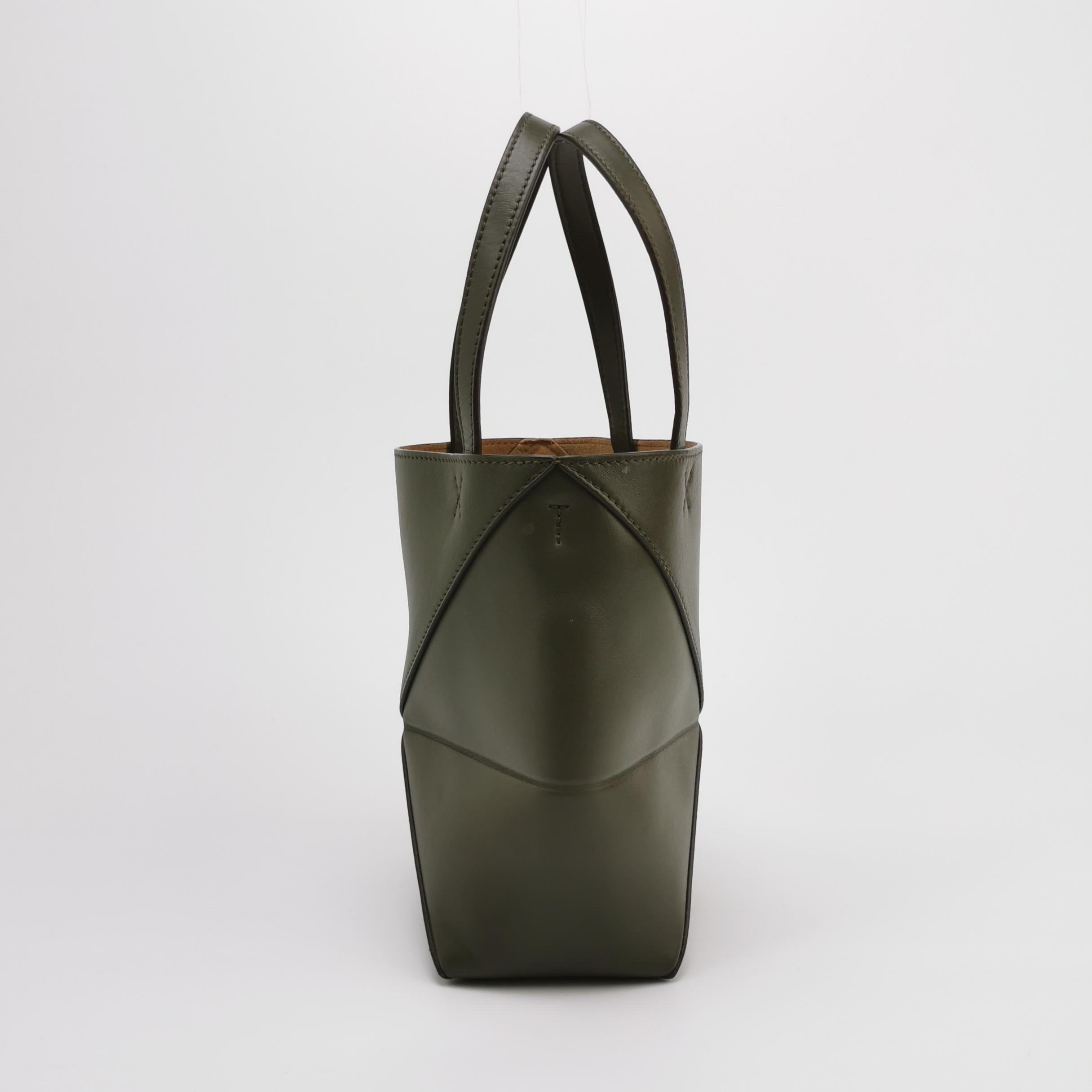 Black Loewe Puzzle Fold Mini Dark Olive Green Calfskin Leather Tote Bag For Sale