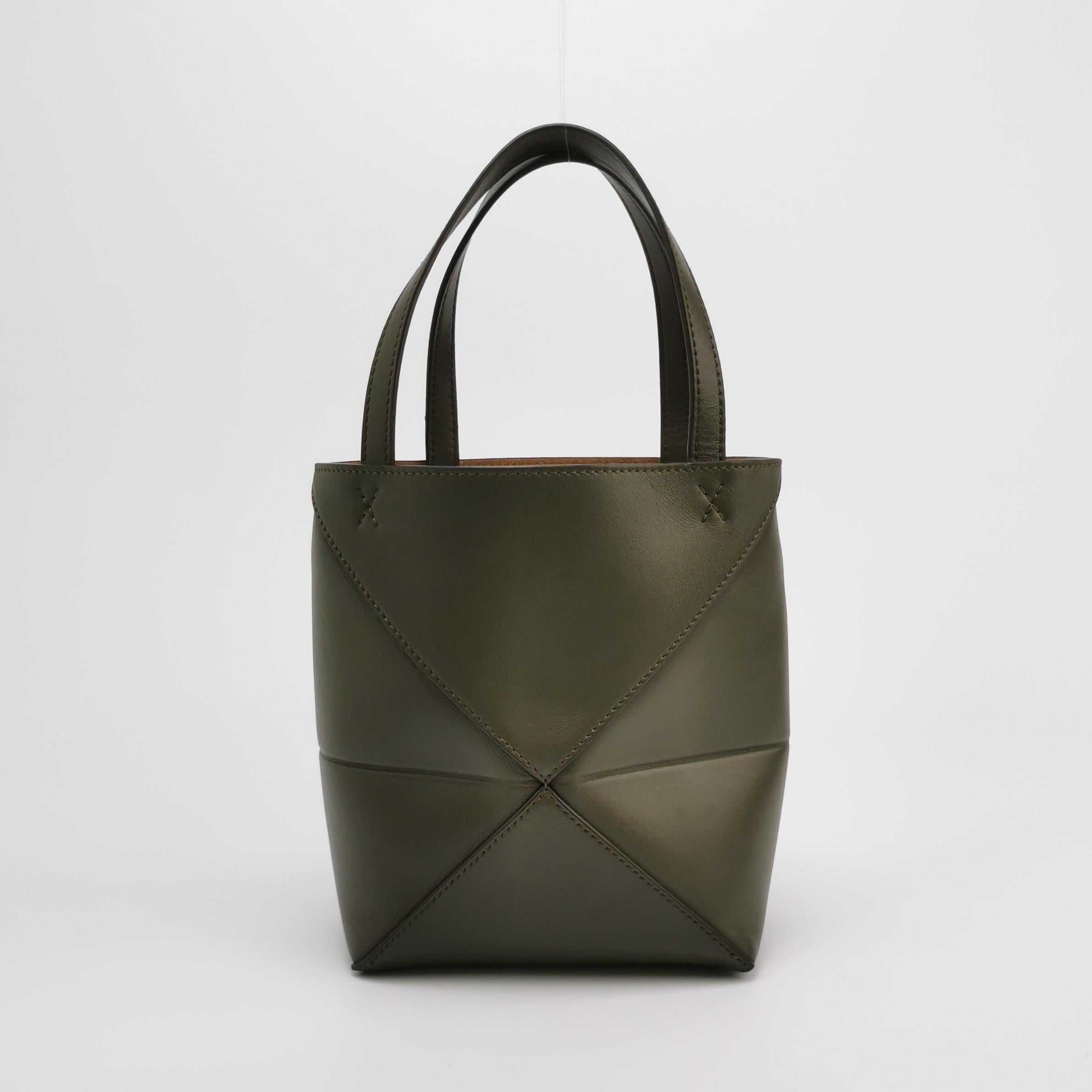 Women's Loewe Puzzle Fold Mini Dark Olive Green Calfskin Leather Tote Bag For Sale
