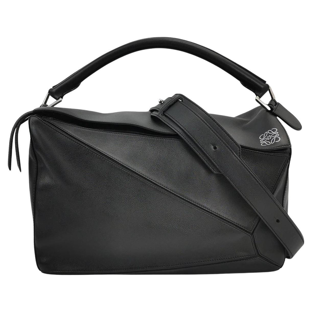 Loewe Puzzle Large Black Smooth Leather White Logo