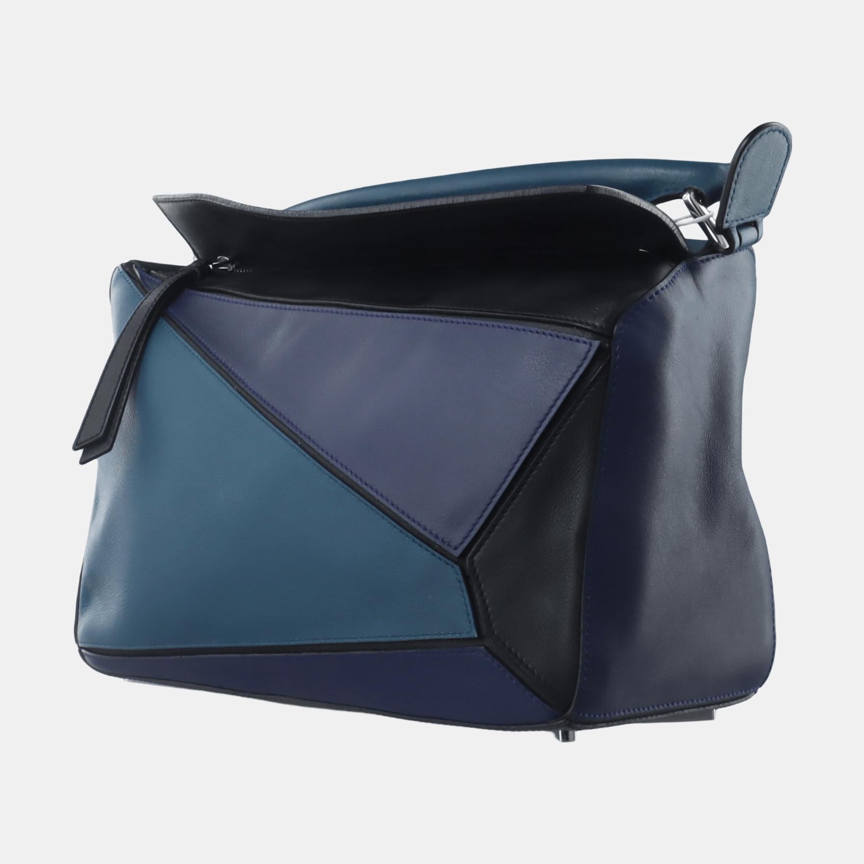 Black Loewe Puzzle Medium Multicolor Navy Calfskin leather bag
