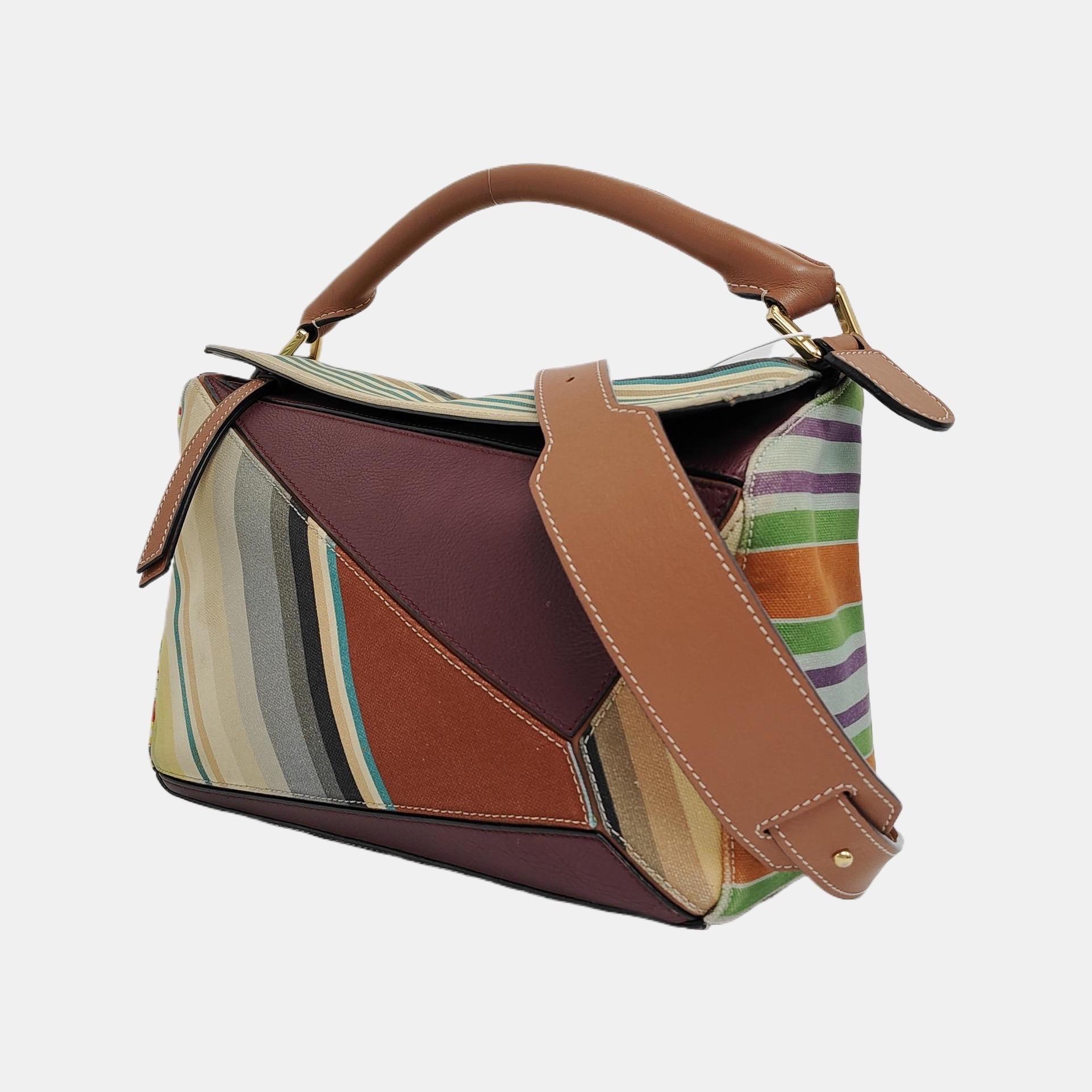 Marron Loewe Puzzle Medium Multicolor Striped Canvas Leather Crossbody Bag en vente