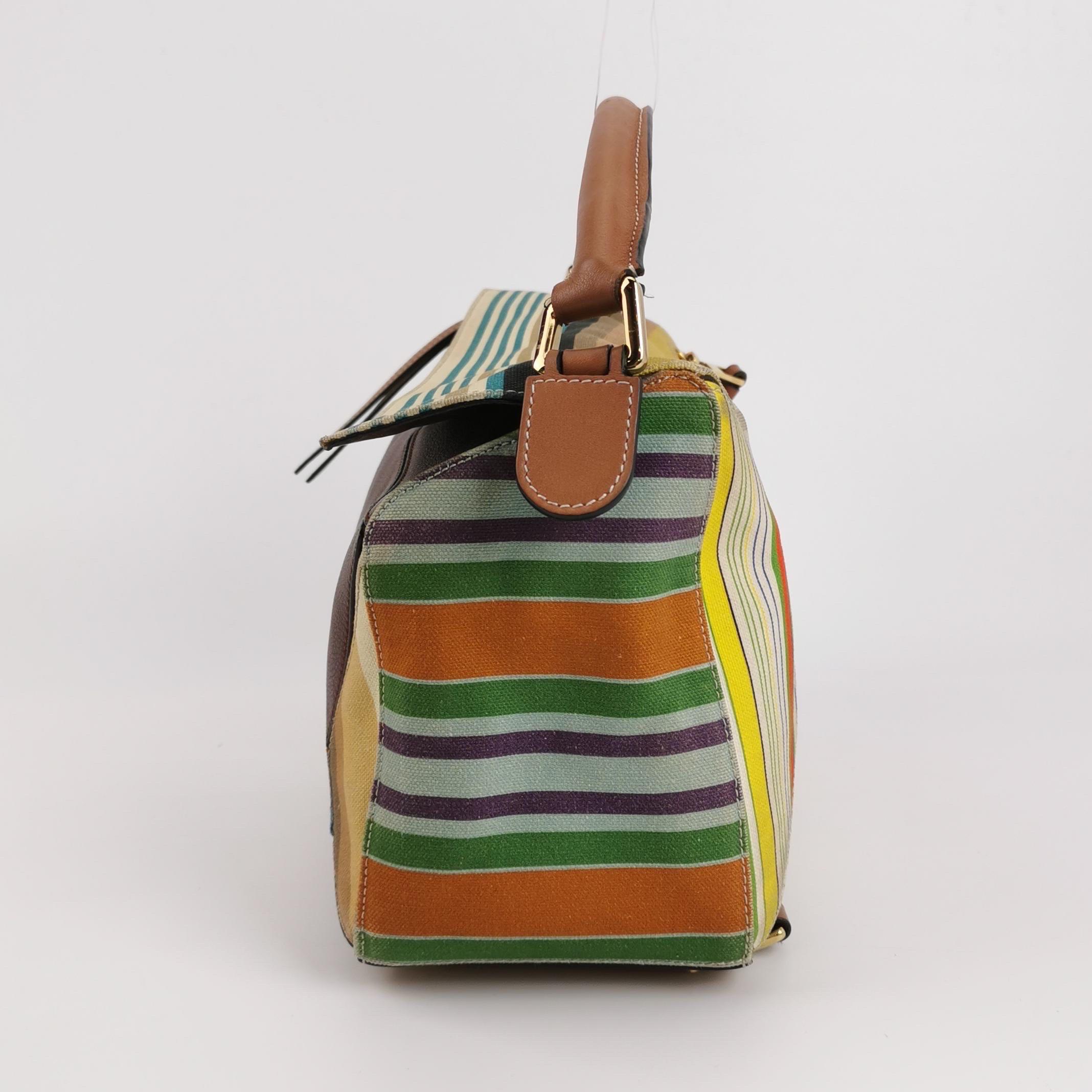 Marron Loewe Puzzle Medium Multicolor Striped Canvas Leather Crossbody Bag en vente