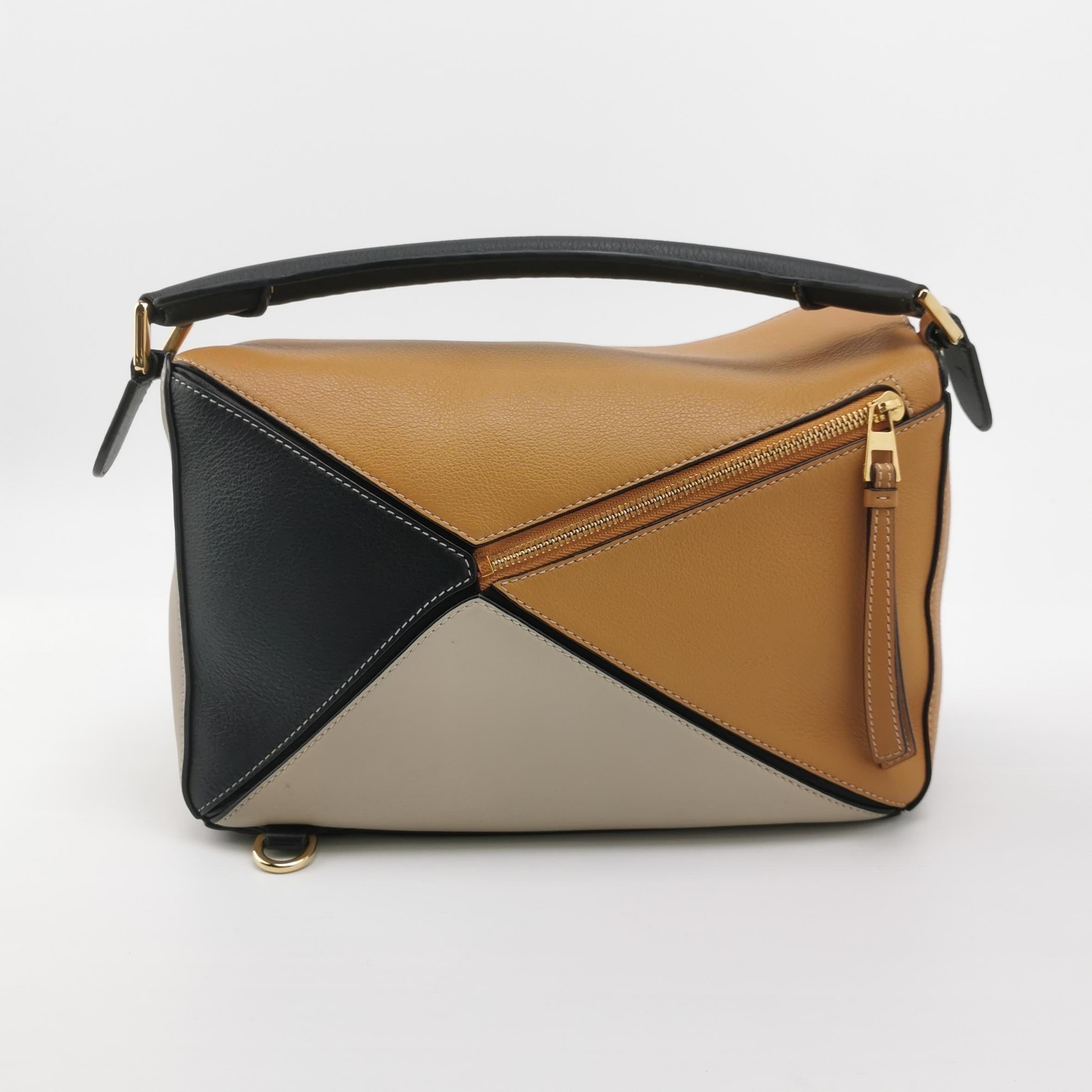 Brown Loewe Puzzle Medium Multicolor Tricolor Black Yellow Calfskin leather bag For Sale