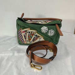 Loewe Puzzle Medium Poker Playing Card and Dice Bag in Green Suede Brown Leather