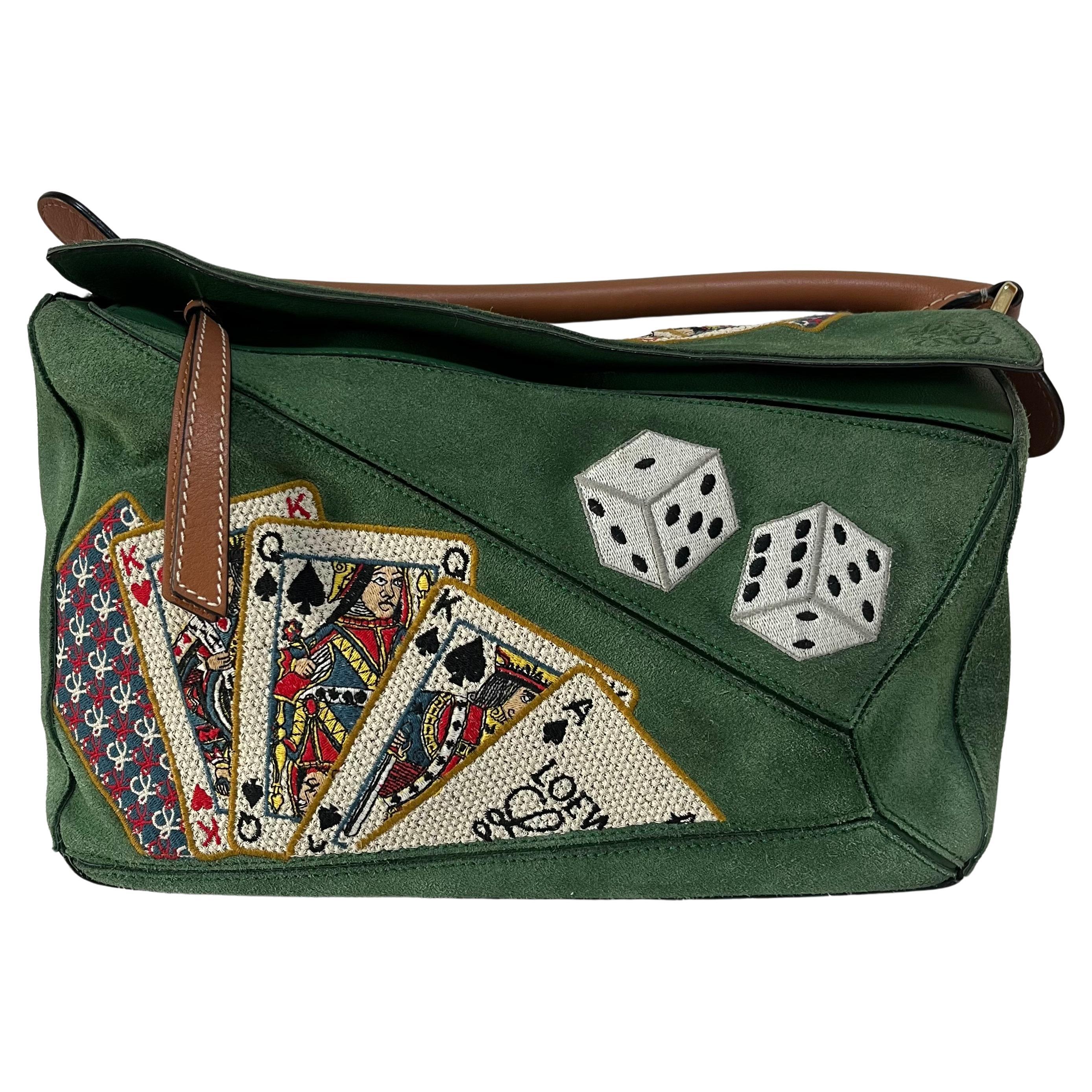 Loewe Puzzle Medium Poker Playing Card and Dice Bag in Green Suede Brown Leather For Sale