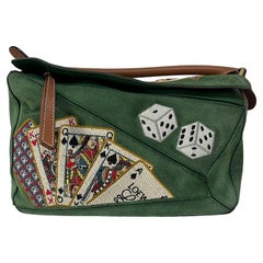 Loewe Puzzle Medium Poker Playing Card and Dice Bag in Green Suede Brown Leather Loewe Puzzle Medium Poker Playing Card and Dice Bag in Green Suede Brown Leather