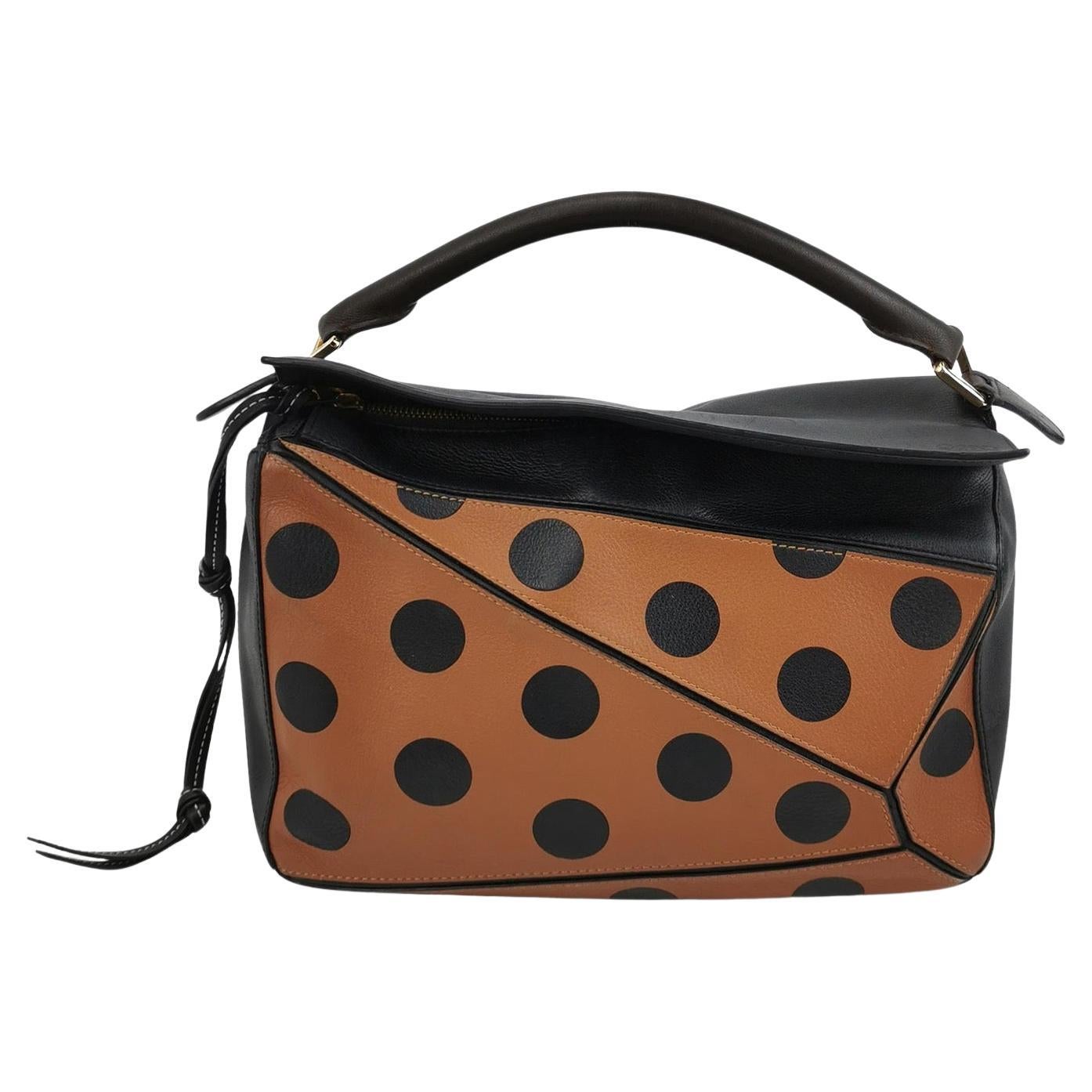 Loewe Puzzle Medium Polka Dots Brown Black Leather For Sale