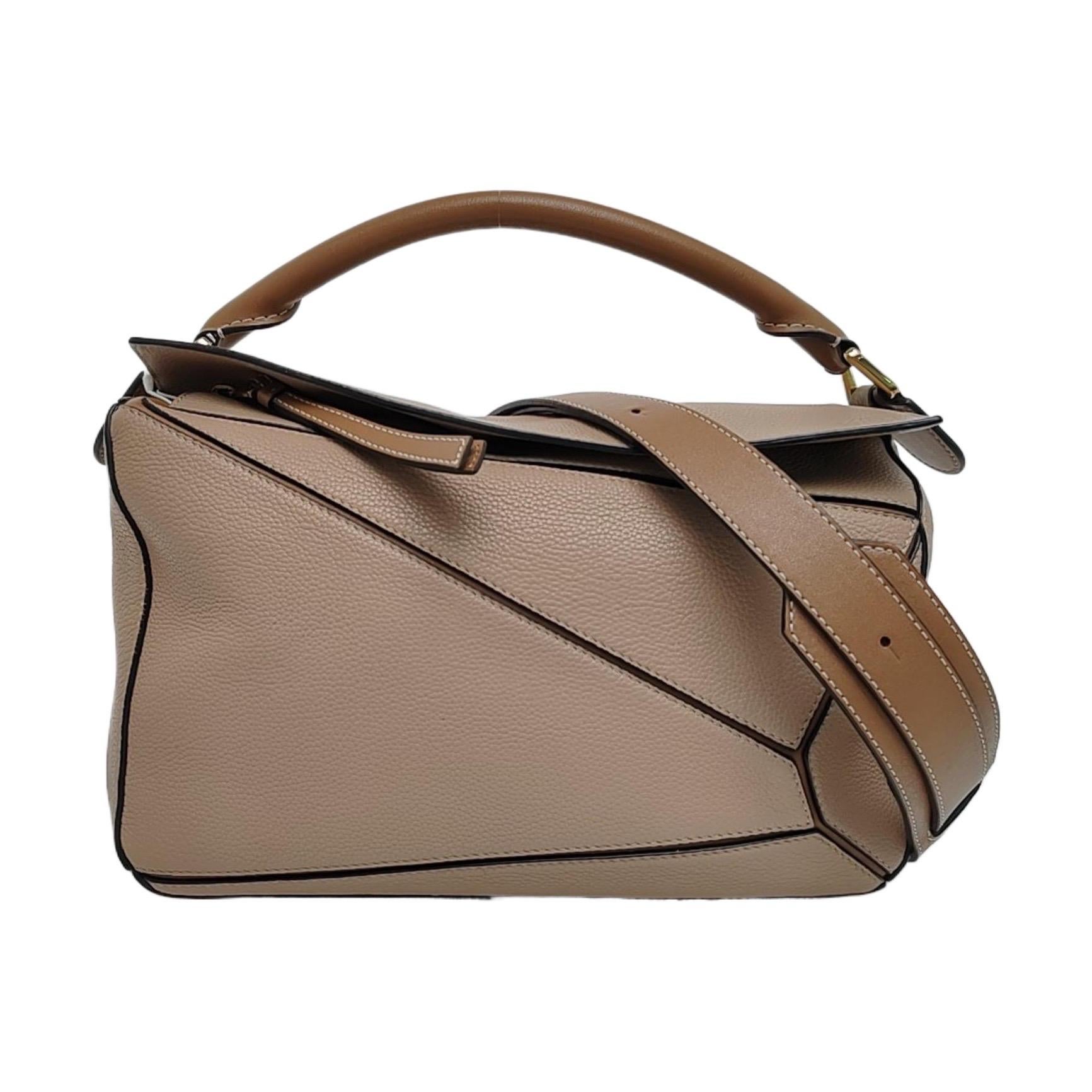 Loewe Puzzle Medium Sand Beige Calfskin Leather Bag Brown Strap