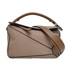 Loewe Puzzle Medium Sand Beige Calfskin Leather Bag Brown Strap