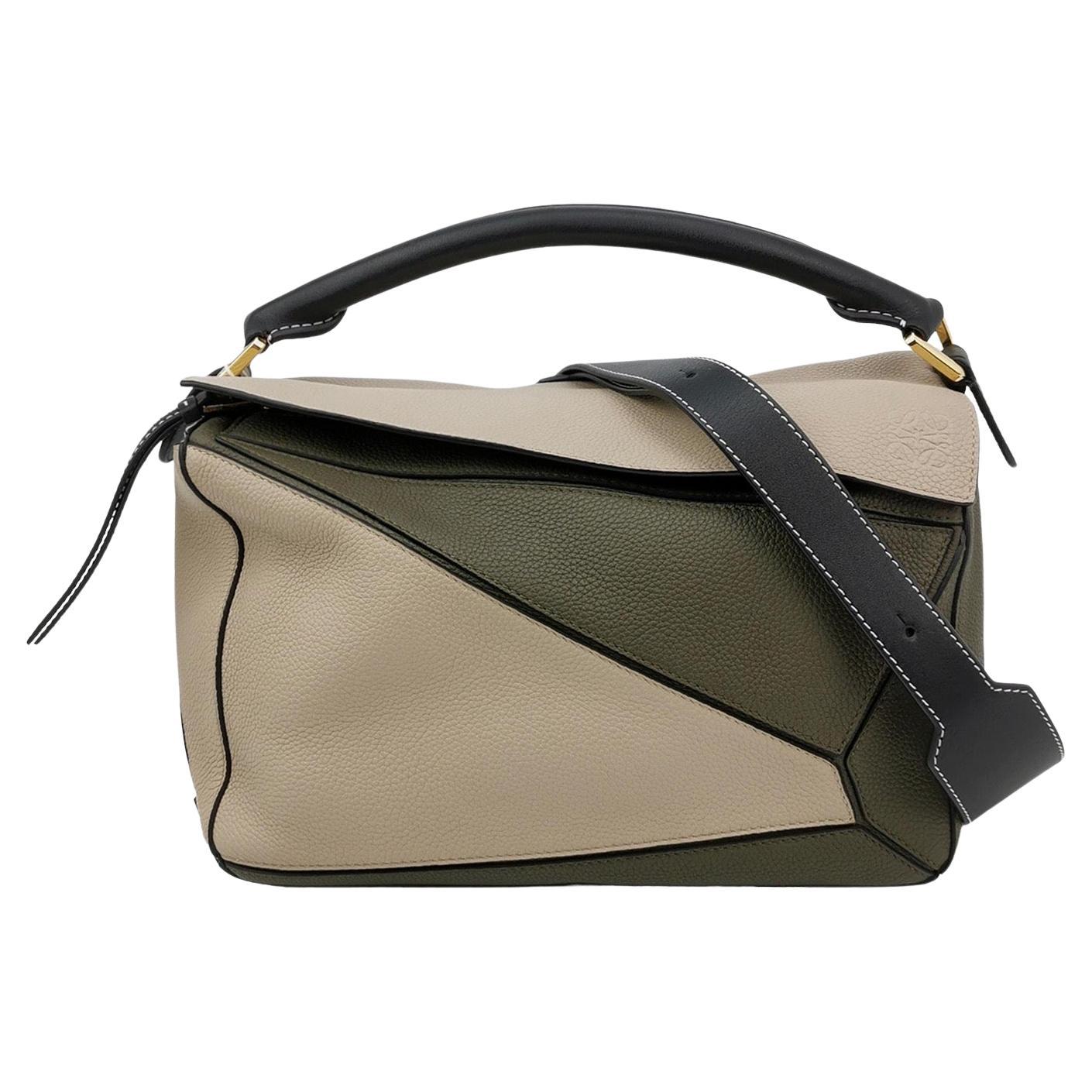 Loewe Puzzle Medium Tricolor Green Beige Calfskin leather bag For Sale