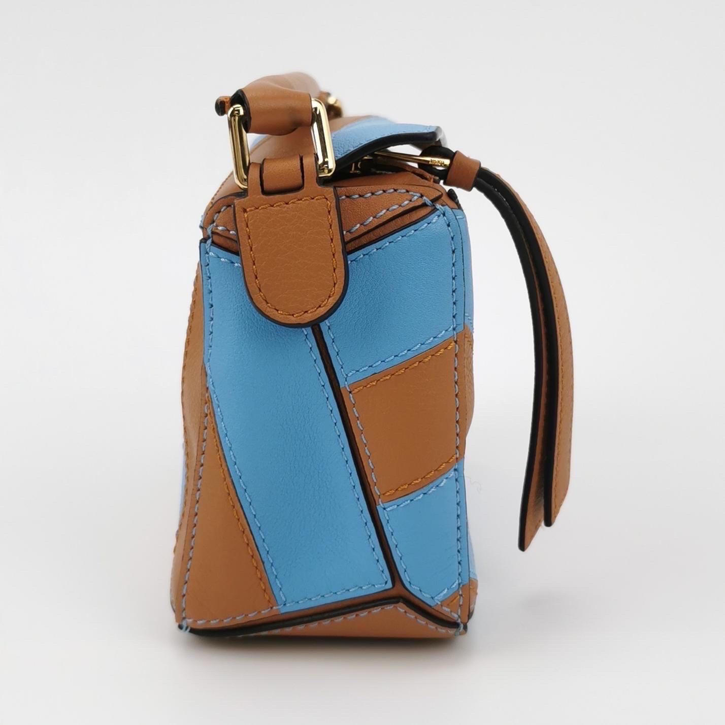 Gray Loewe Puzzle Mini Blue and Brown Stripes Calfskin leather bag For Sale