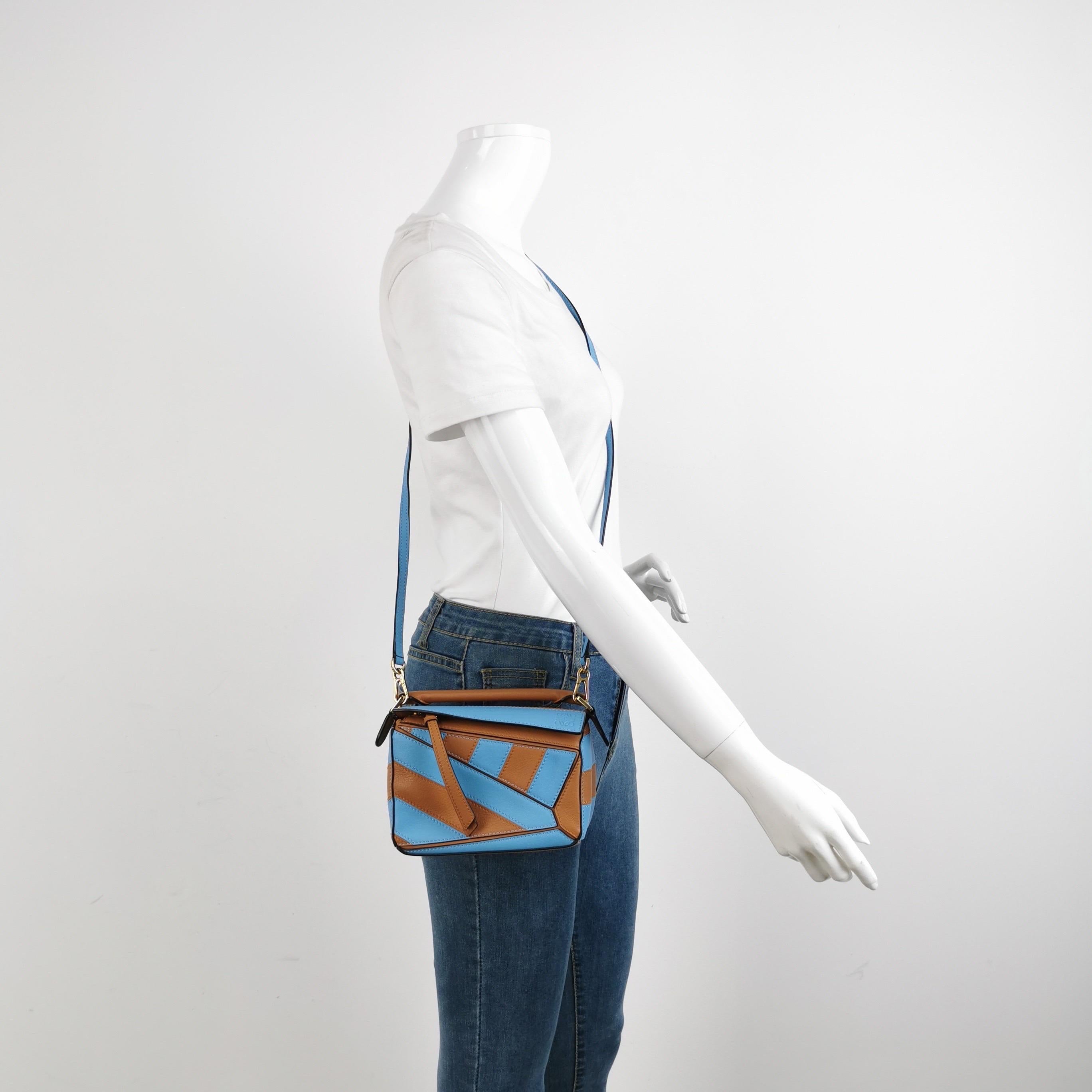 Loewe Puzzle Mini Blue and Brown Stripes Calfskin leather bag For Sale 2