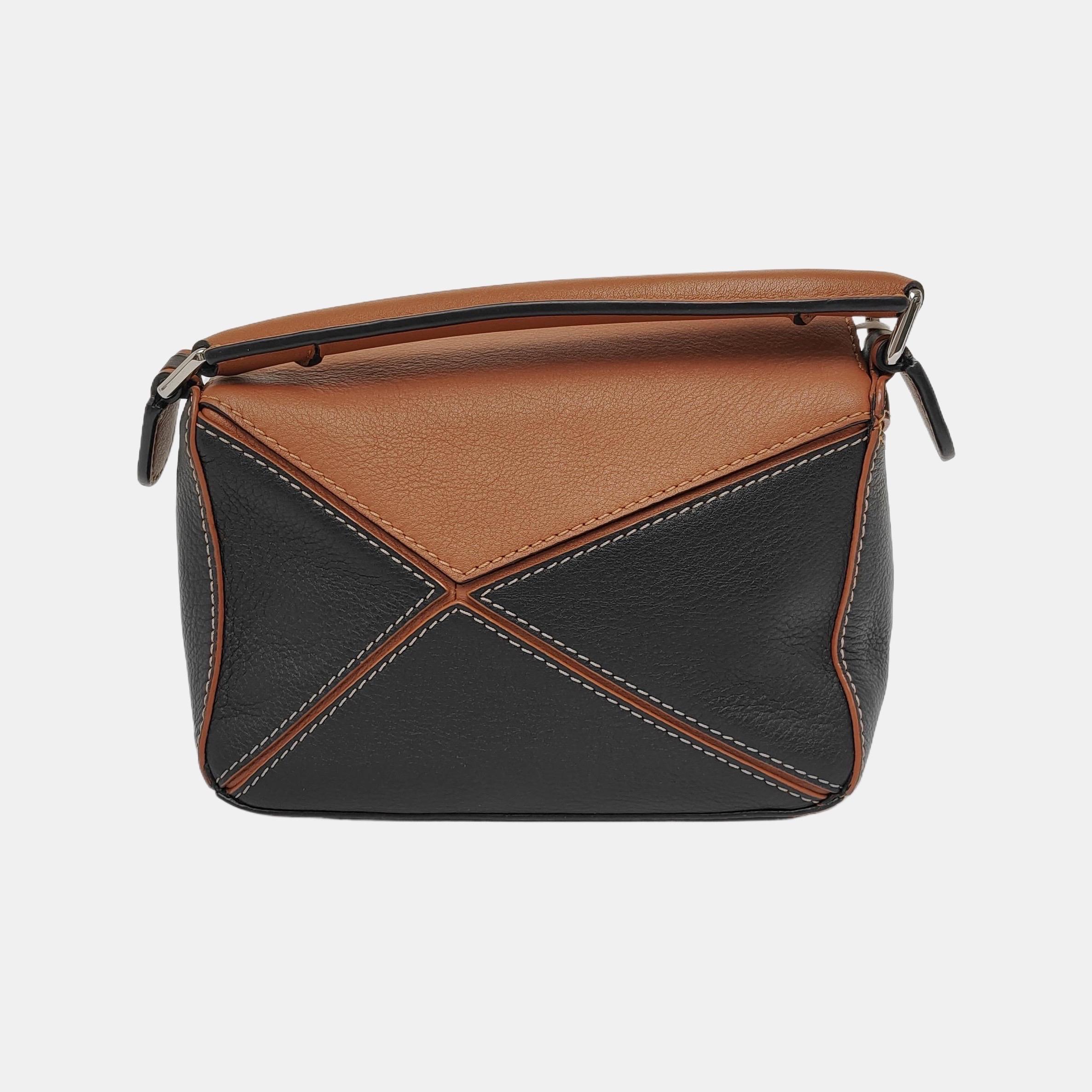 Women's Loewe Puzzle Mini Brown and Black Calfskin Leather Crossbody Bag