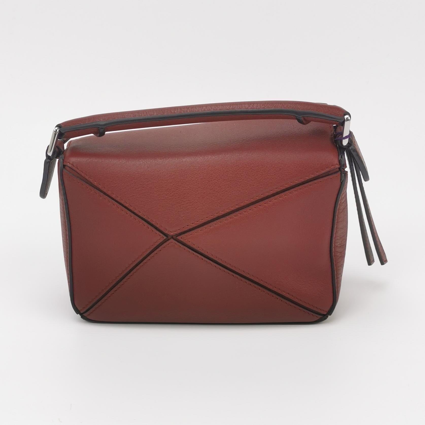 Brown Loewe Puzzle Mini Burgundy Calfskin Leather Crossbody Bag