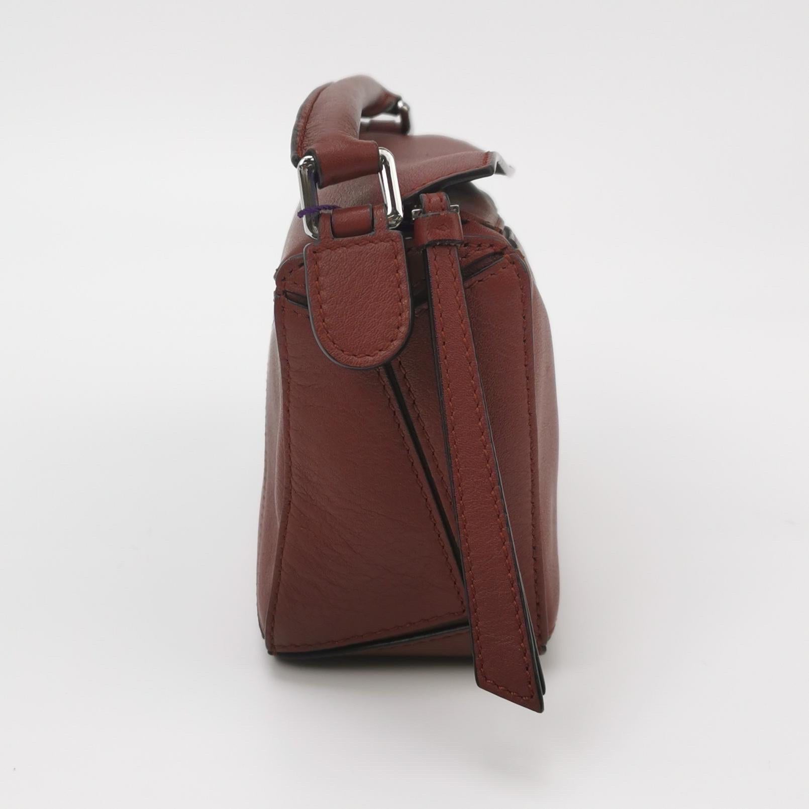 Women's Loewe Puzzle Mini Burgundy Calfskin Leather Crossbody Bag