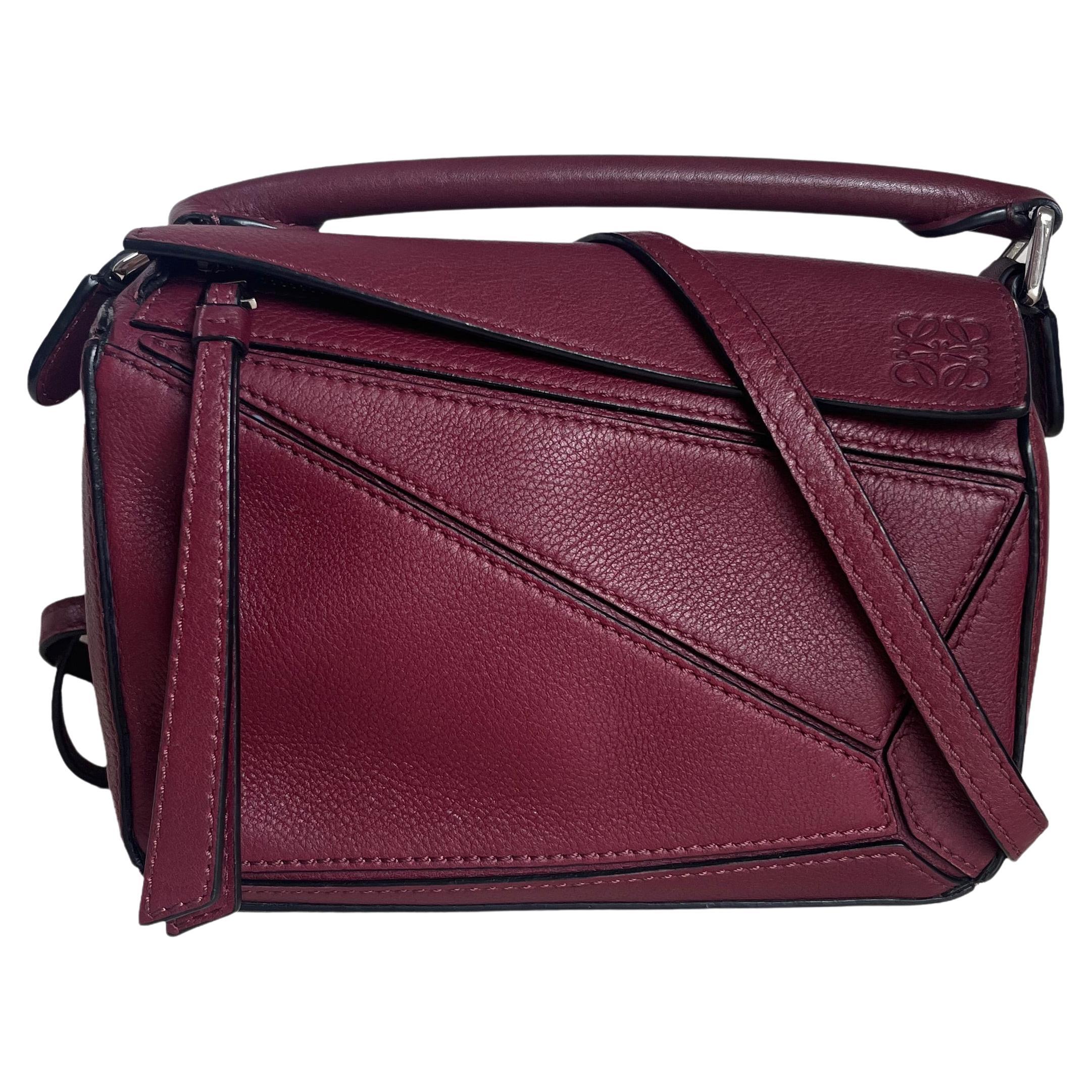 Loewe Puzzle Mini Burgundy Calfskin Leather Crossbody Bag