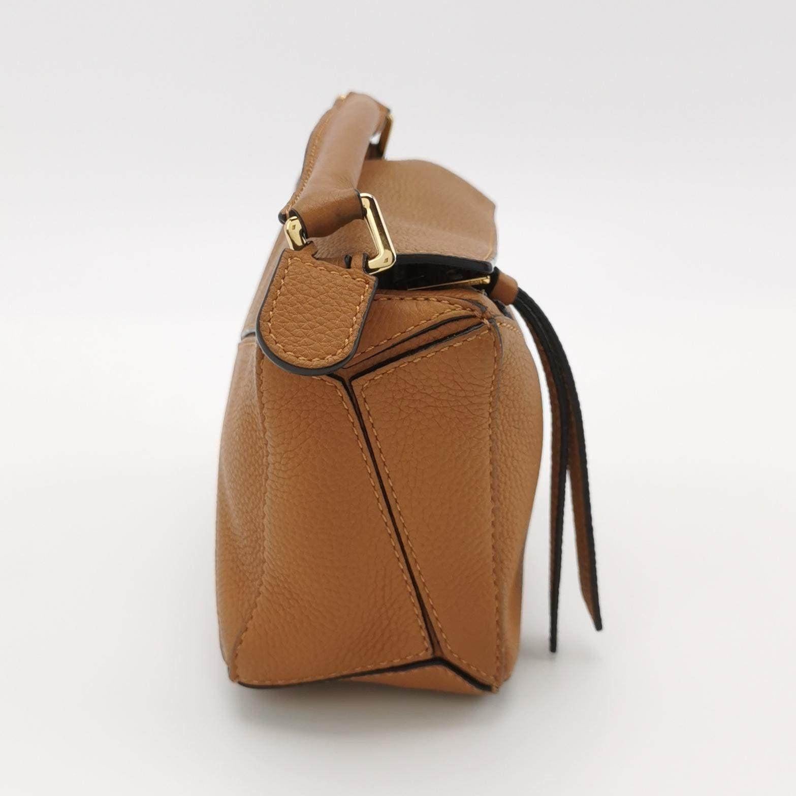 Brown Loewe Puzzle Mini Caramel Tan Calfskin Leather Crossbody Bag For Sale