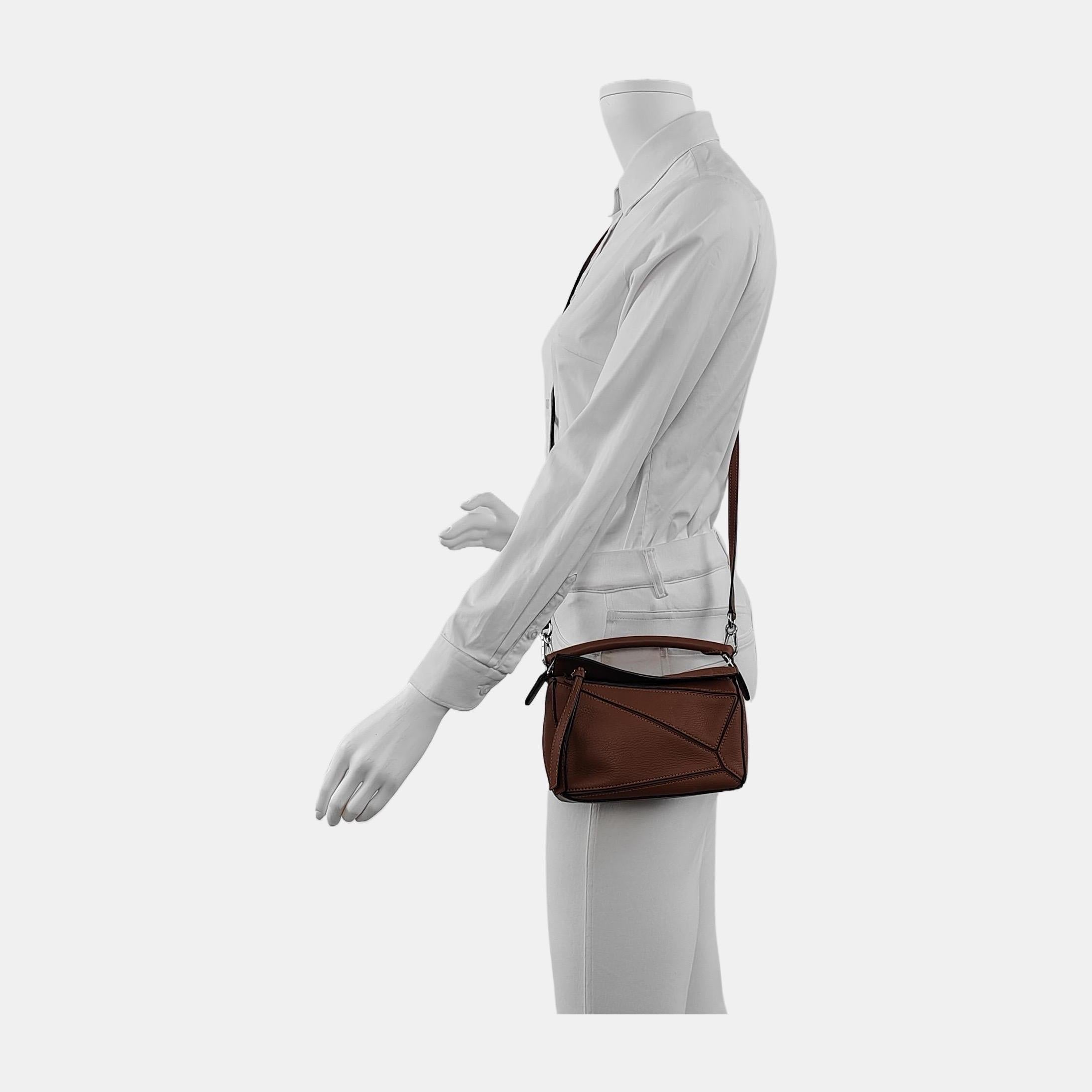 Brown Loewe Puzzle Mini Caramel Tan Grained Calfskin Leather Crossbody Bag For Sale