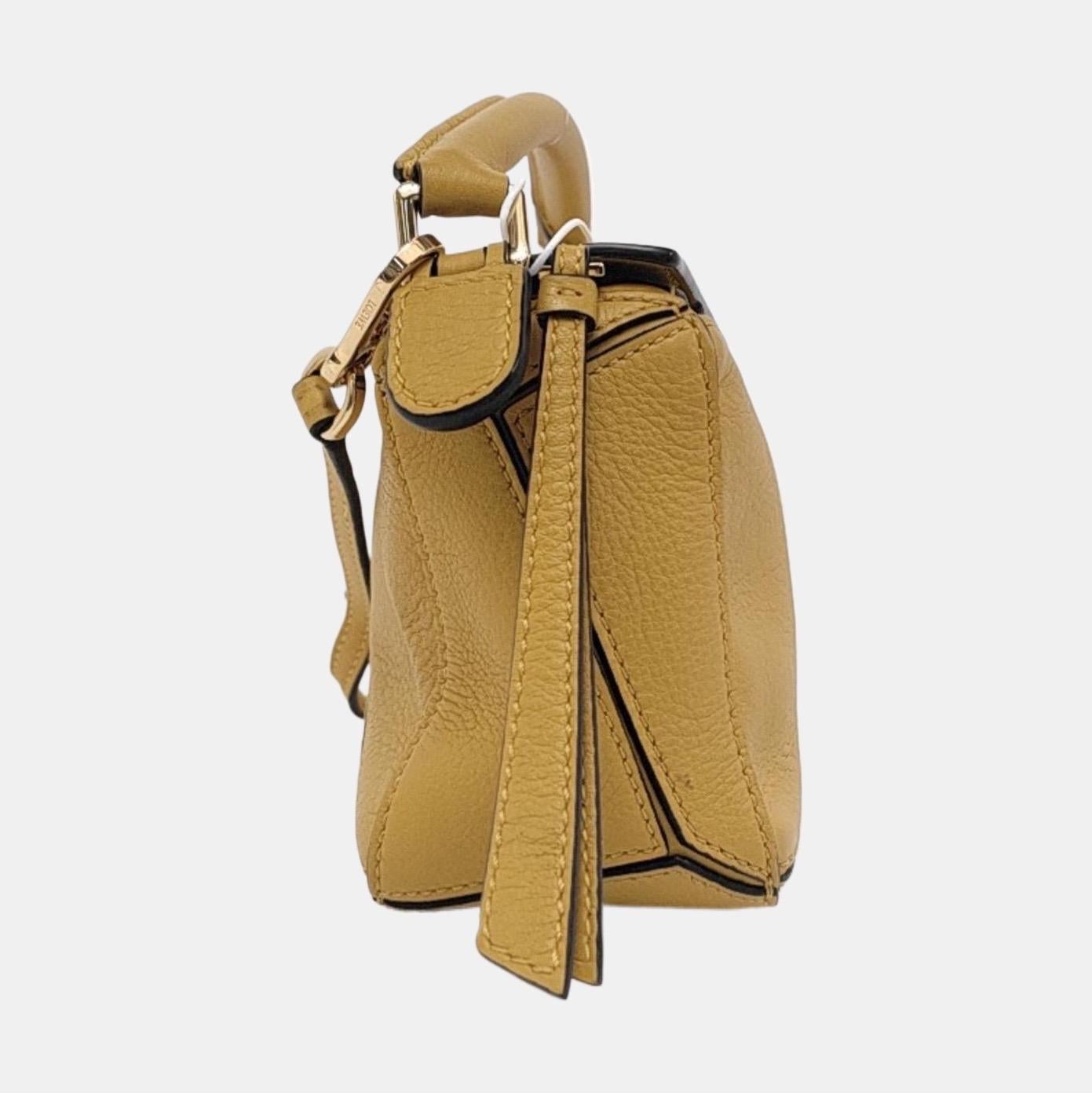 Brown Loewe Puzzle Mini Yellow Calfskin Leather Gold Hardware Crossbody Bag For Sale