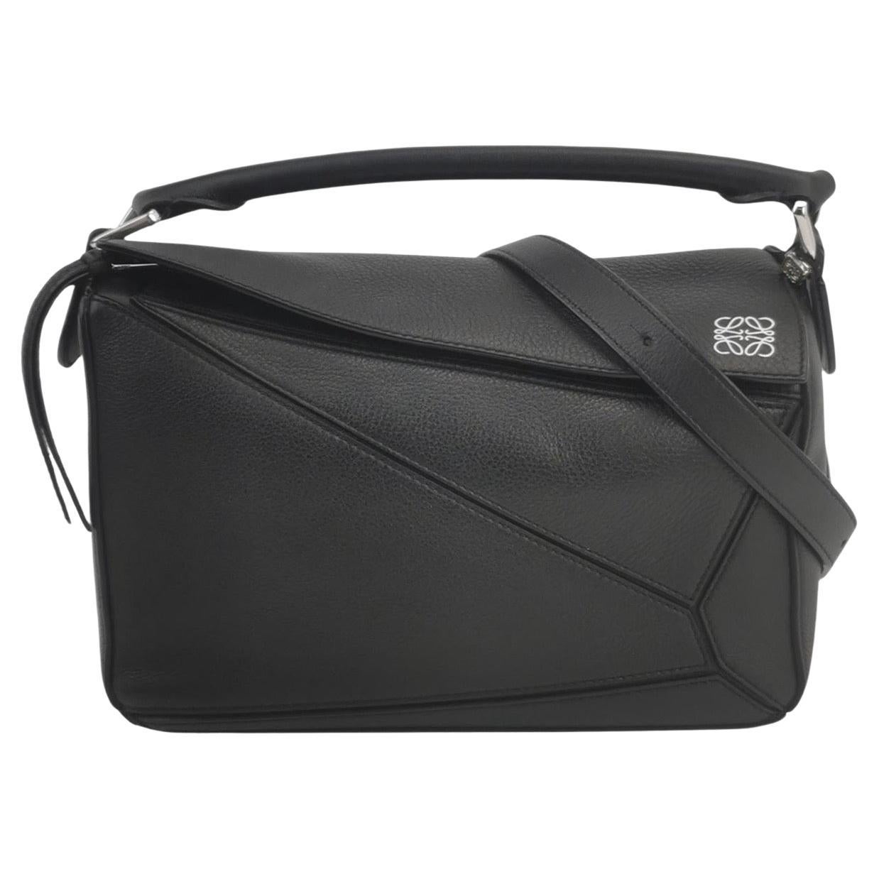 Loewe Puzzle Small Black Grained Leather White Logo