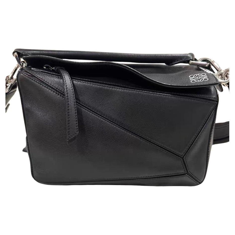 Loewe Puzzle Small Black Smooth Leather White Logo With Metal Feet 2016