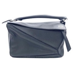 Loewe Puzzle Small Black Smooth Leather White Logo With Metal Feet