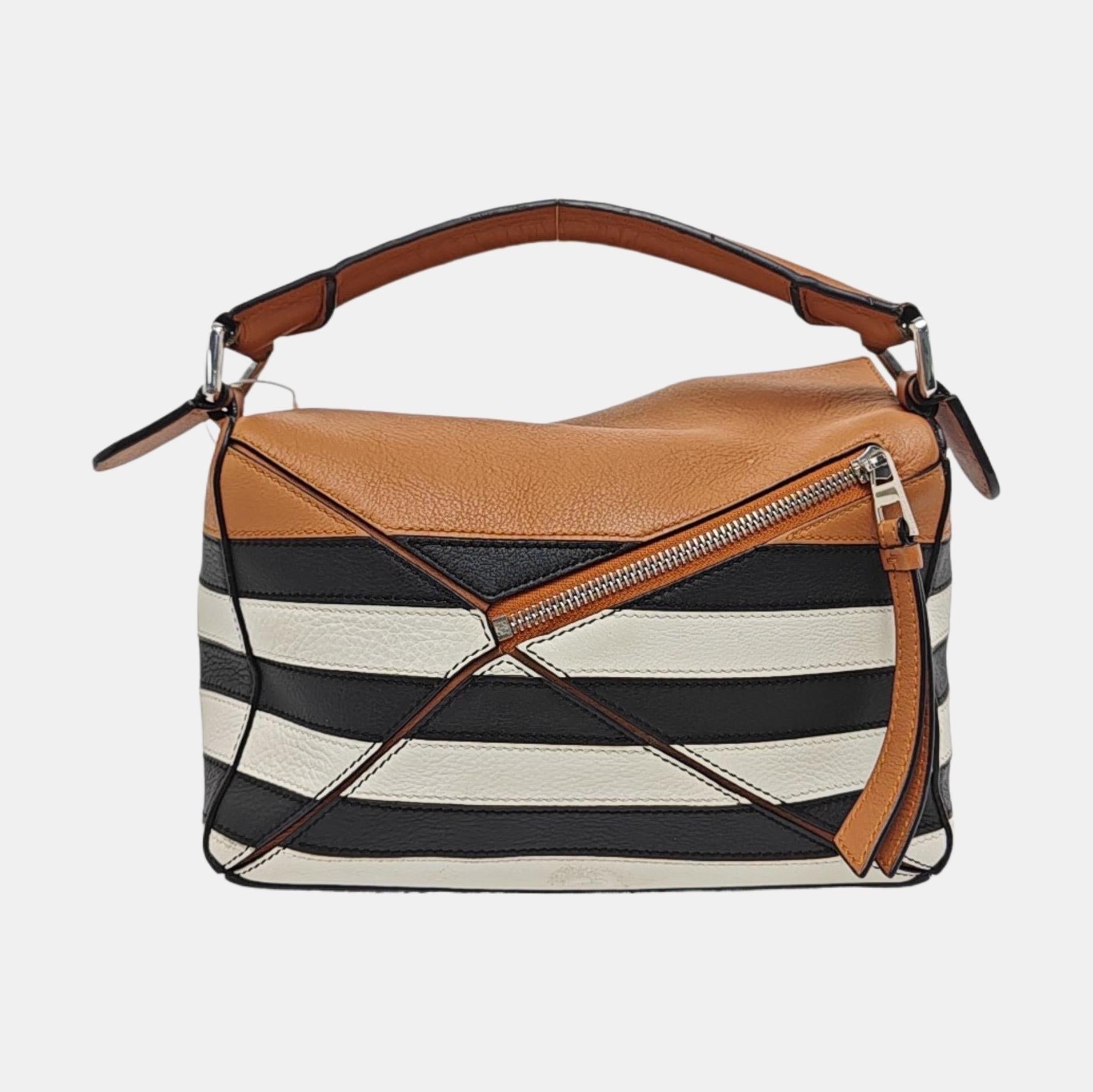 Marron Loewe Puzzle Small Black White Brown Stripes Crossbody Bag 2019 en vente