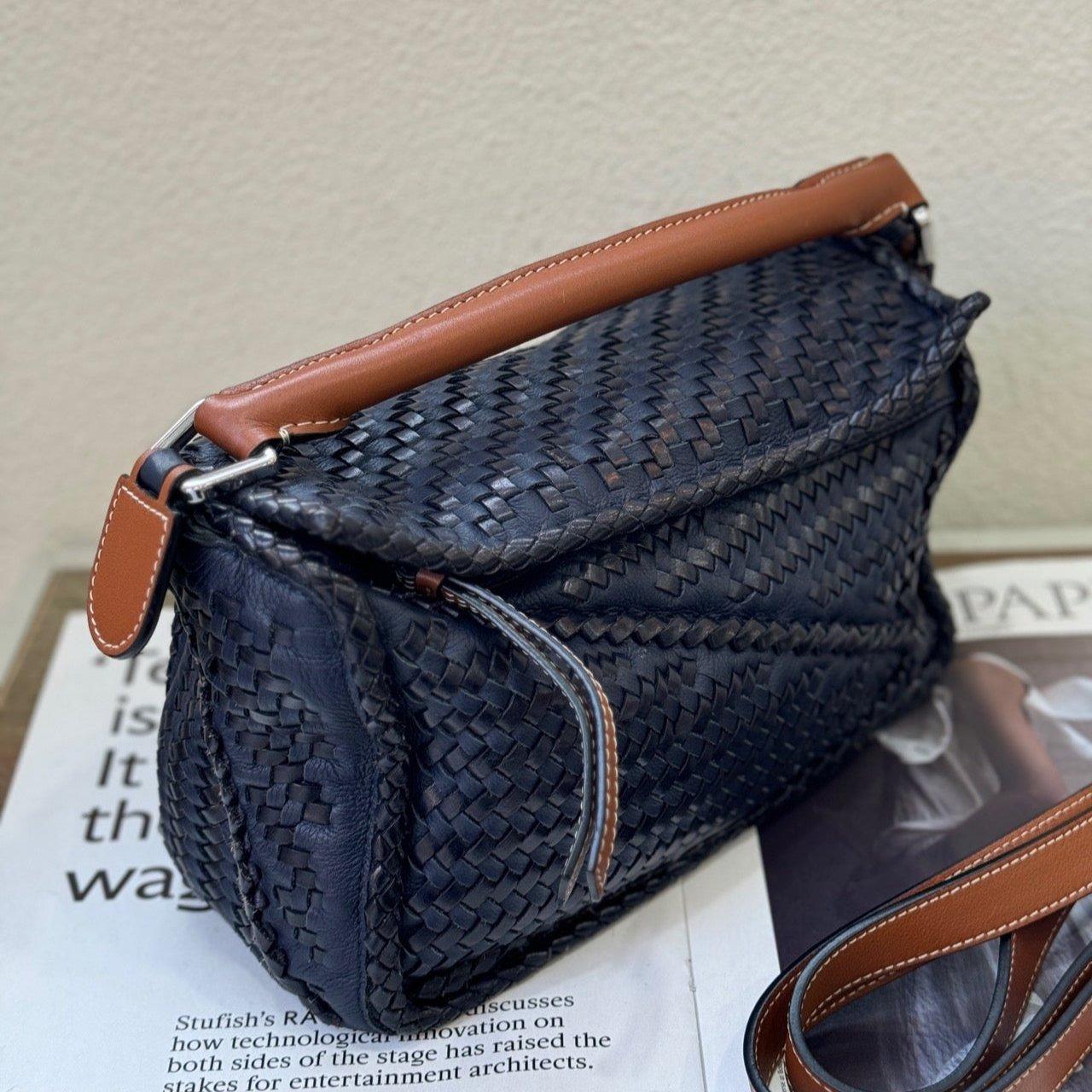 Black Loewe Puzzle Small Leather Woven Braided Navy Crossbody Bag