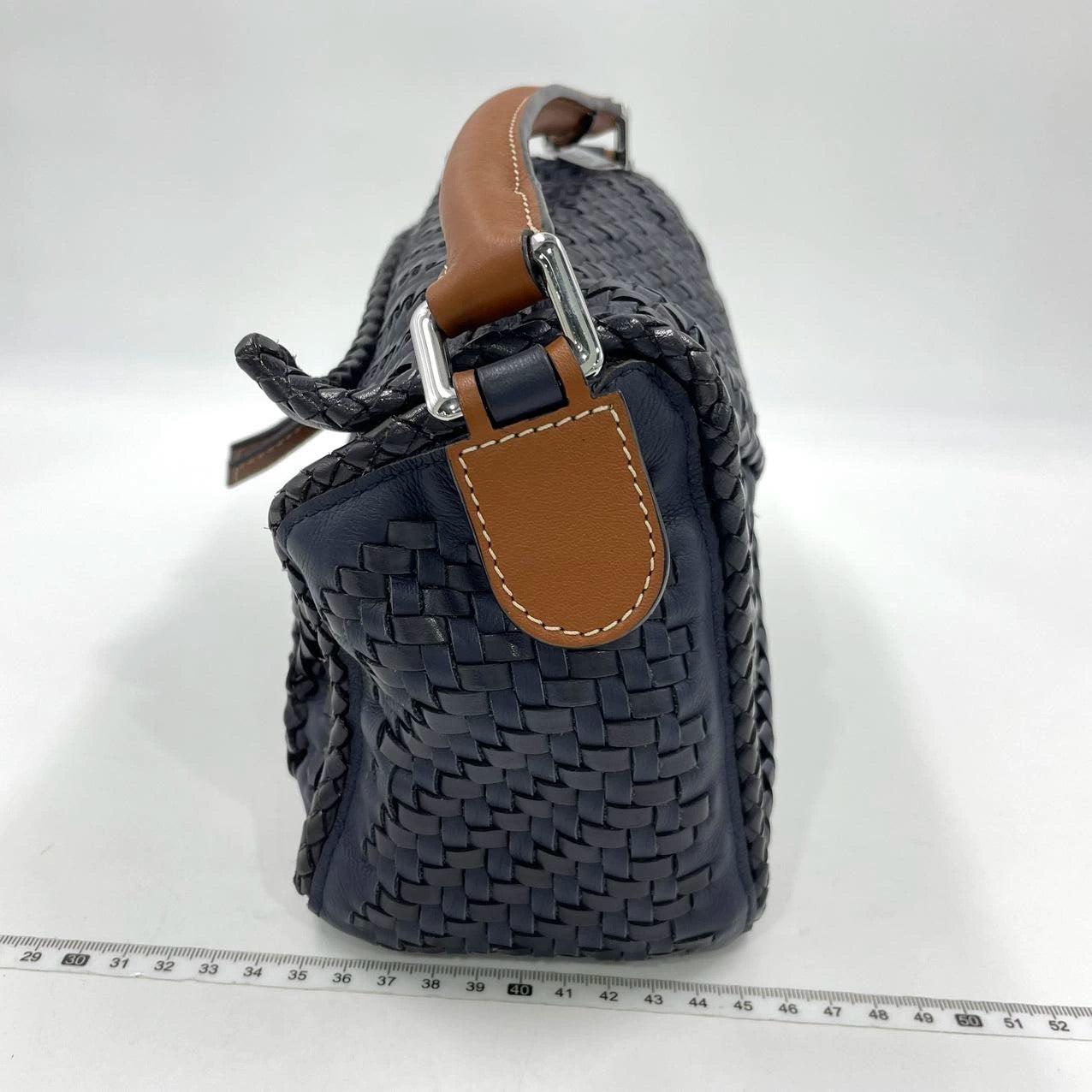 Women's Loewe Puzzle Small Leather Woven Braided Navy Crossbody Bag