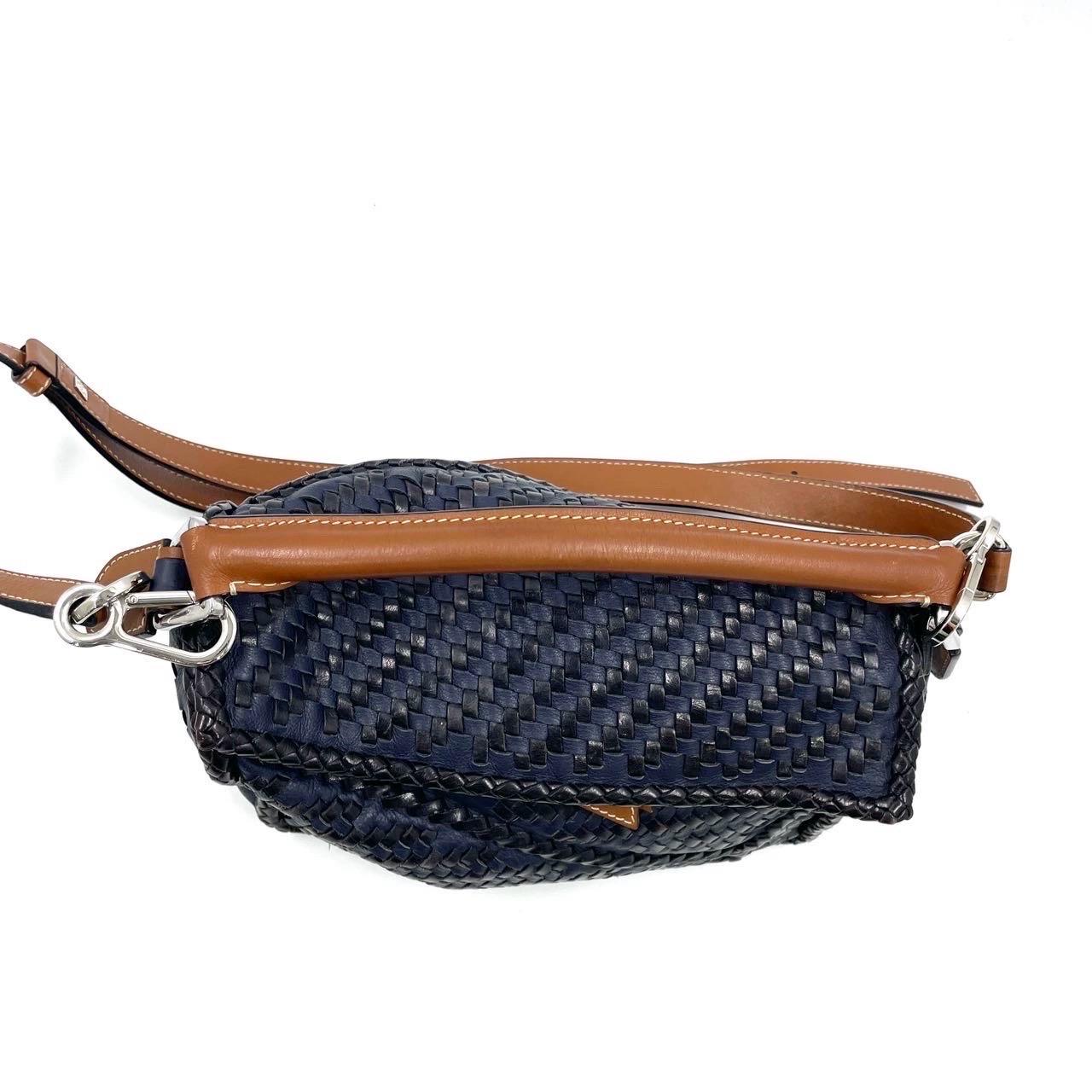 Women's Loewe Puzzle Small Leather Woven Braided Navy Crossbody Bag