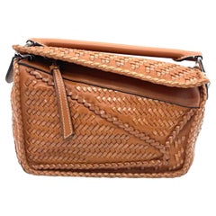 Loewe Puzzle Small Leather Woven Braided Tan Brown Crossbody Bag