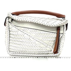 Loewe Puzzle Small Leather Woven Braided White Crossbody Bag