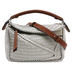 Loewe Puzzle Small Leather Woven Braided White Crossbody Bag