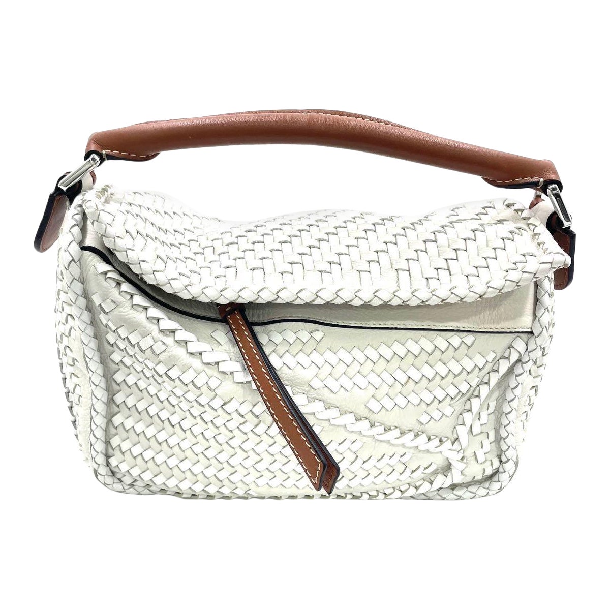 Loewe Puzzle Small Leather Woven Braided White Crossbody Tasche