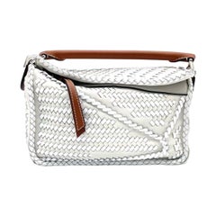 Loewe Puzzle Small Leather Woven Braided White Crossbody Bag