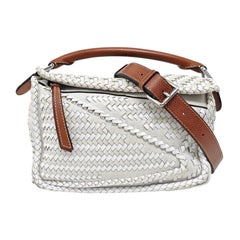 Loewe Puzzle Small Leather Woven Braided White Crossbody Bag