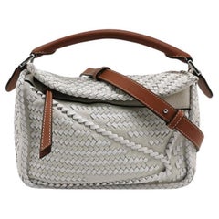 Loewe Puzzle Small Leather Woven Braided White Crossbody Bag
