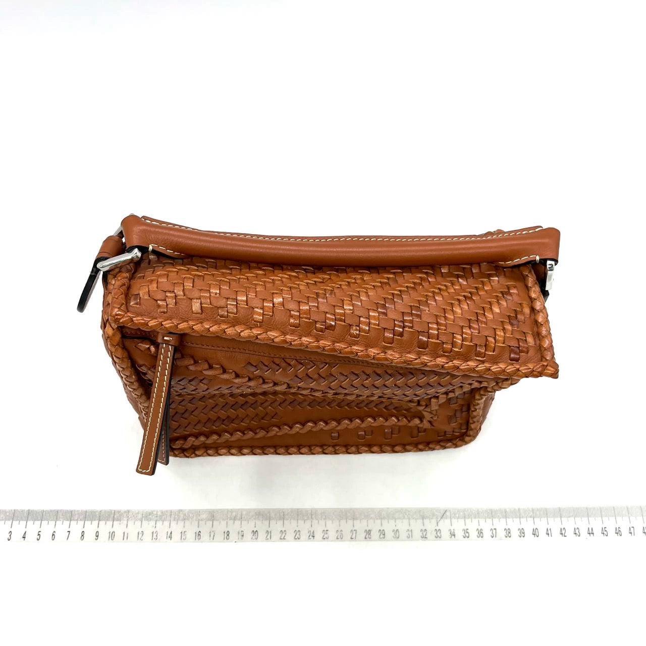 Women's Loewe Puzzle Small Leather Woven Caramel Tan Crossbody Bag