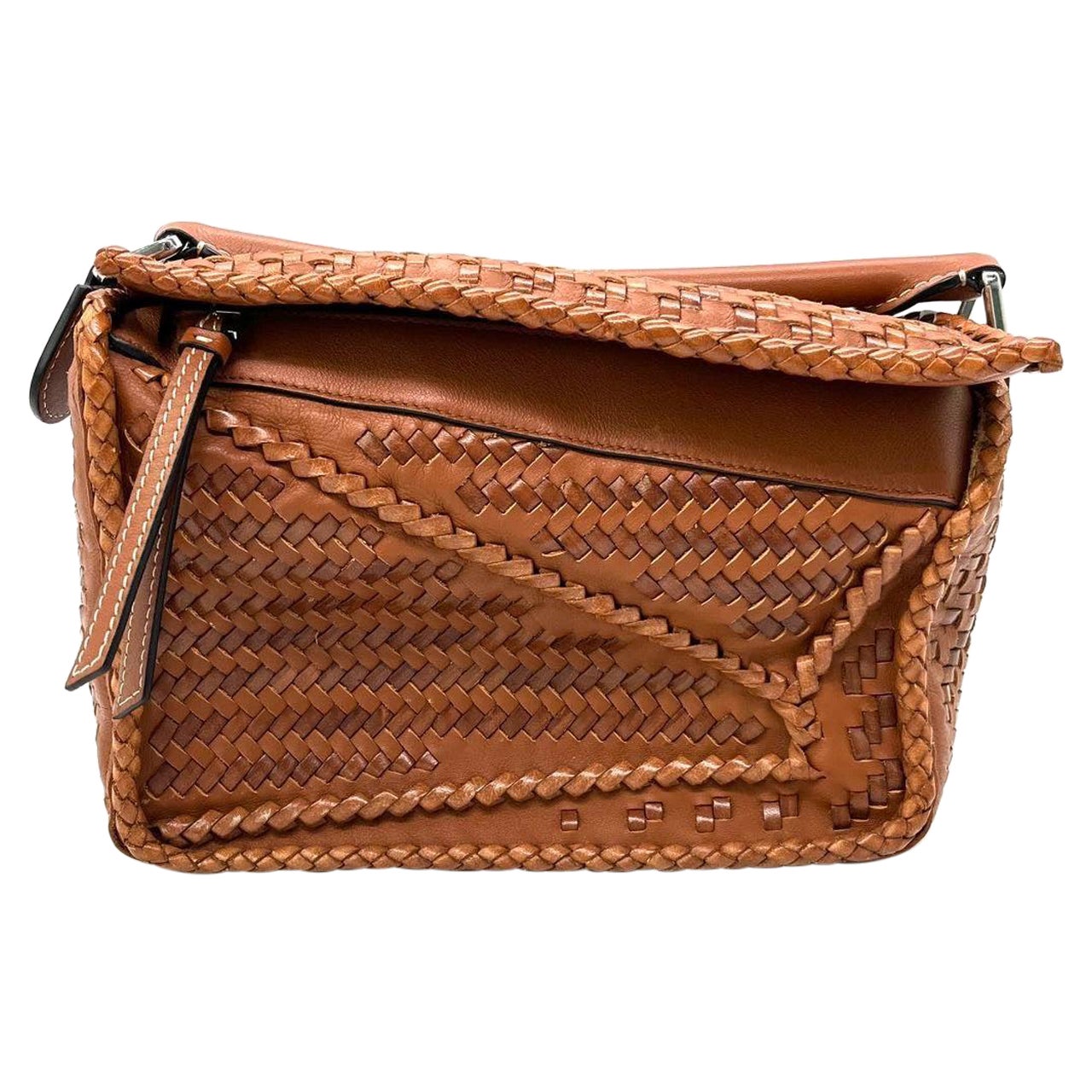 Loewe Puzzle Small Leather Woven Caramel Tan Crossbody Bag