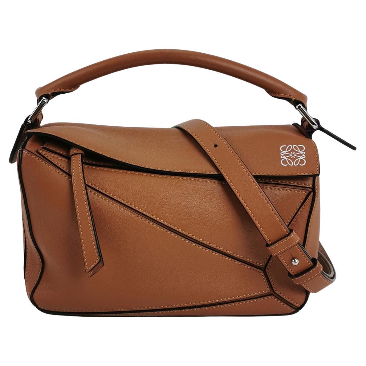 Loewe Puzzle Small Tan Brown Calfskin leather Bag White Logo