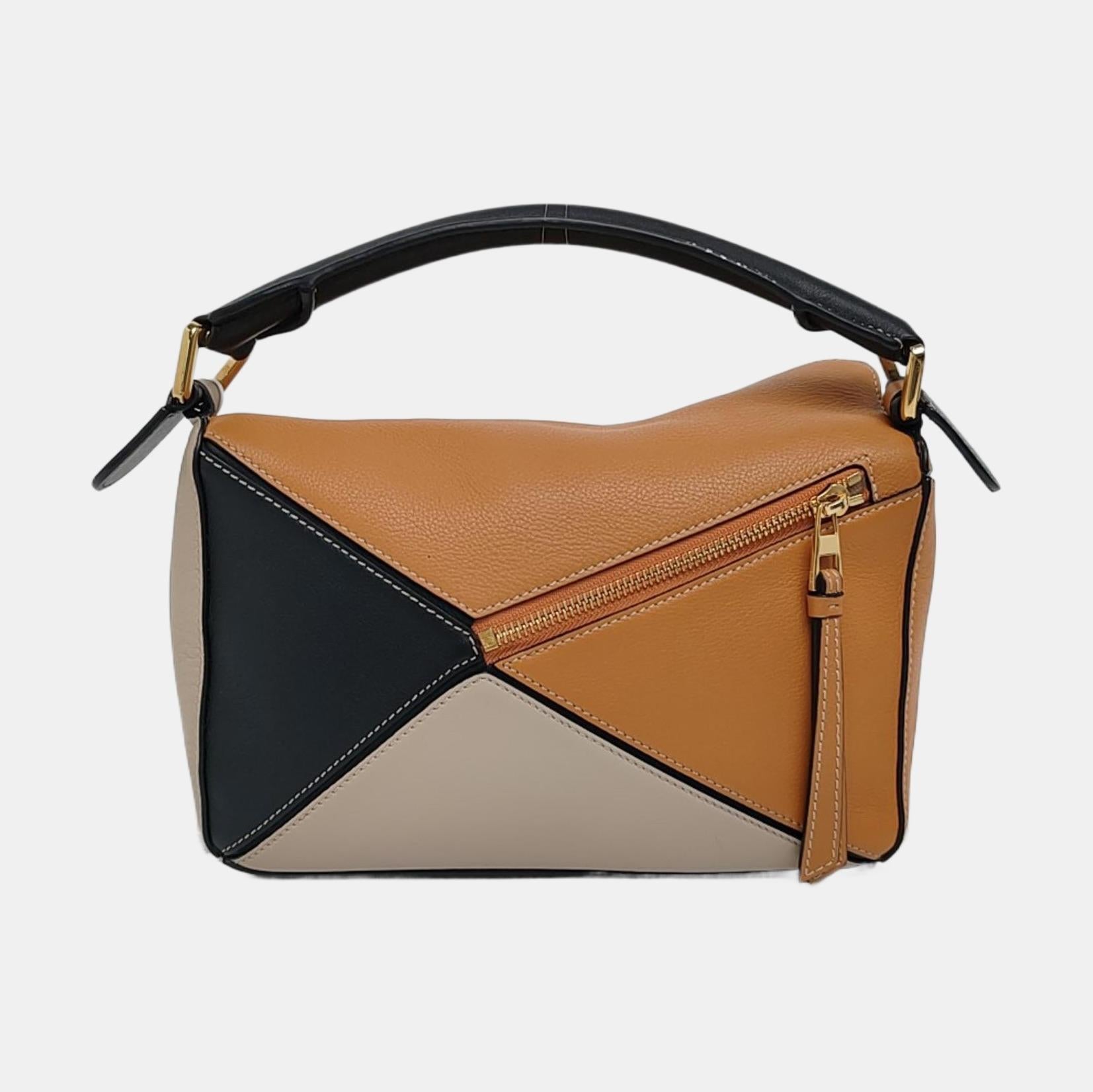 Loewe Puzzle Small Tricolor Karamell Sand Schwarz Crossbody Tasche Damen im Angebot