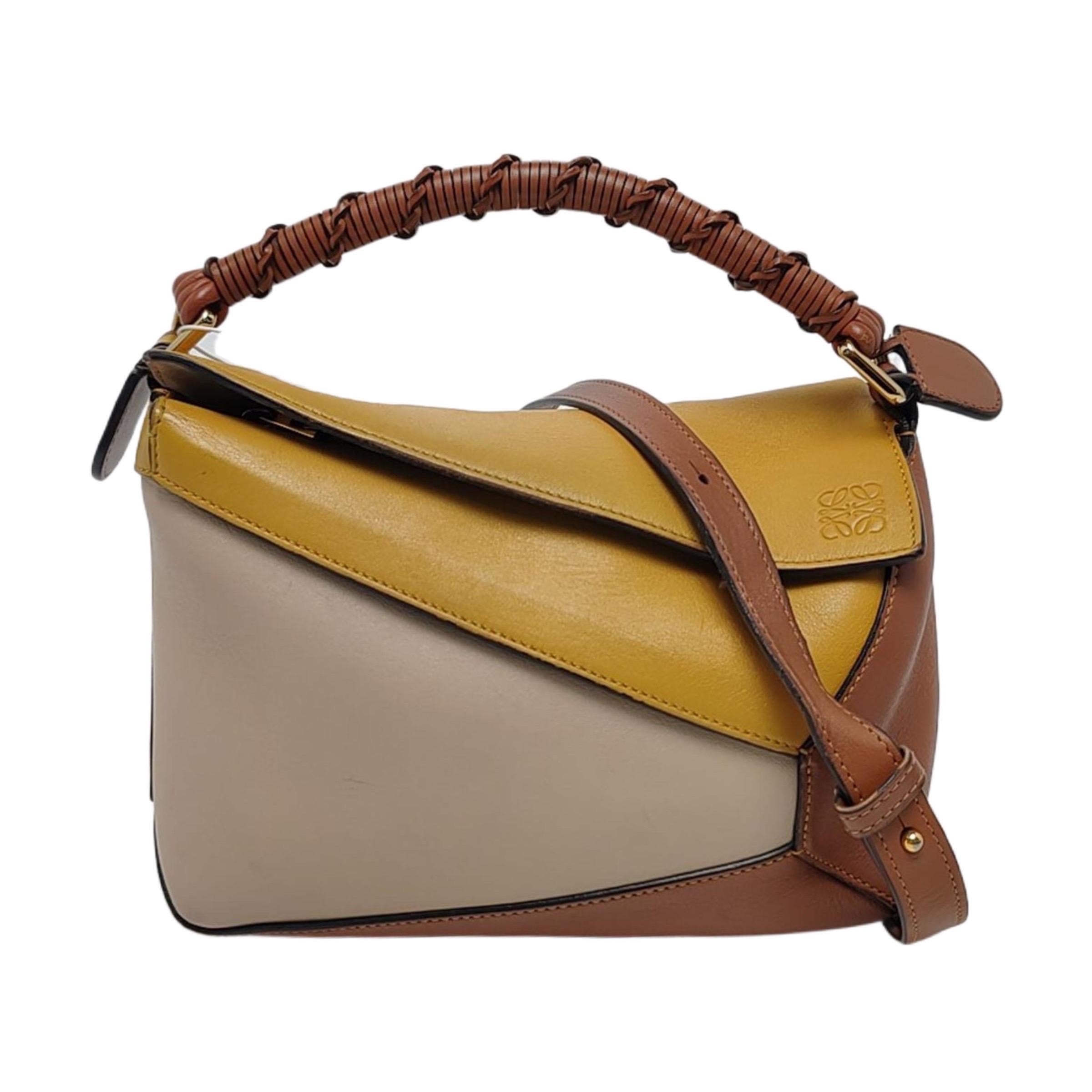 Loewe Puzzle Small Tricolor Tan Yellow Grey Braided Crossbody Bag