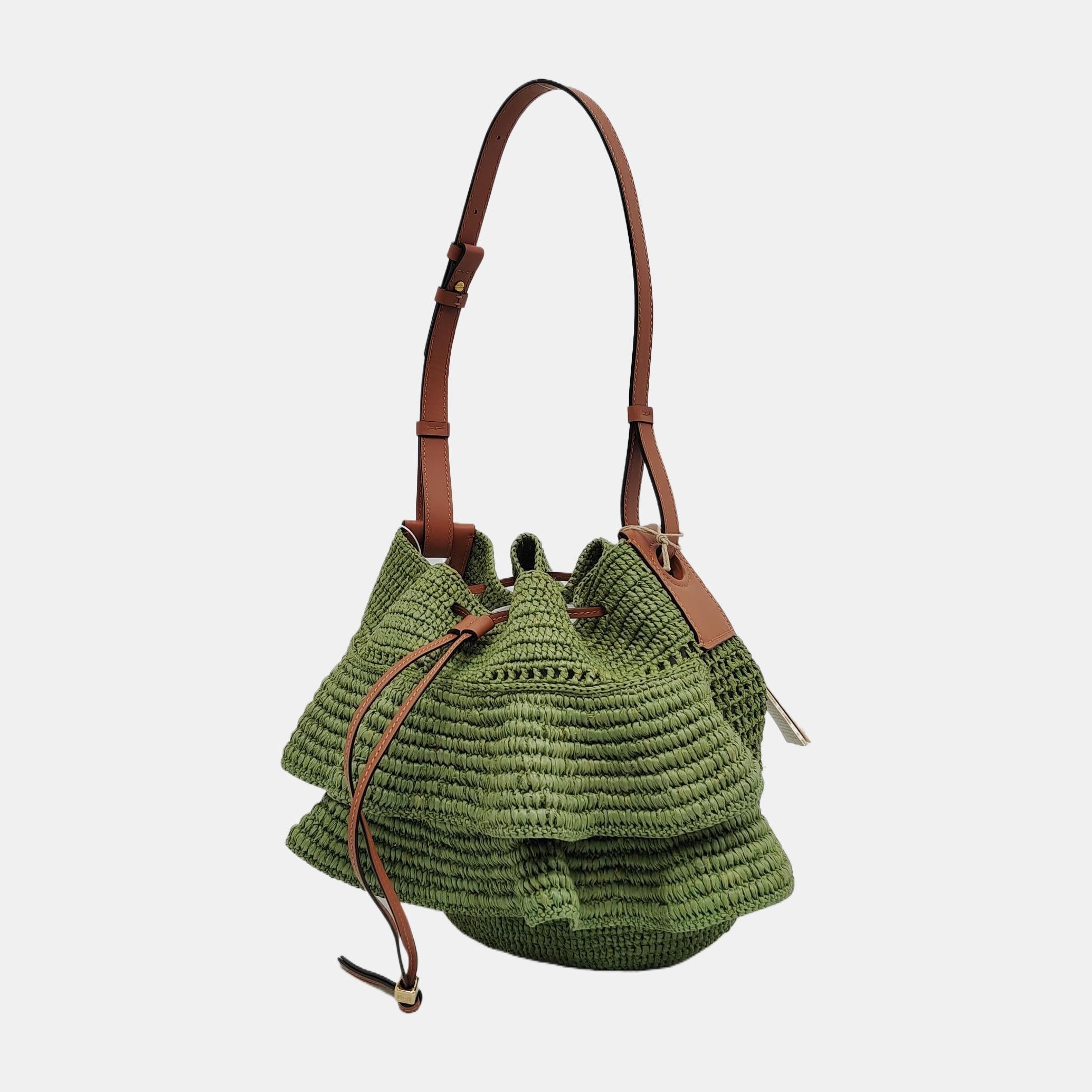 Brown Loewe Raffia Ballon Ruffles Green Bucket Shoulder Bag 2022 For Sale