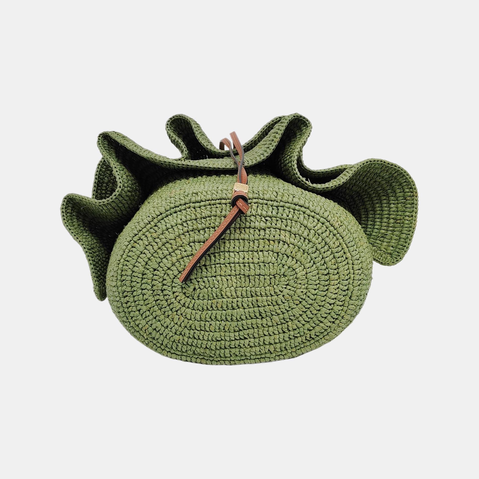 Women's Loewe Raffia Ballon Ruffles Green Bucket Shoulder Bag 2022 For Sale