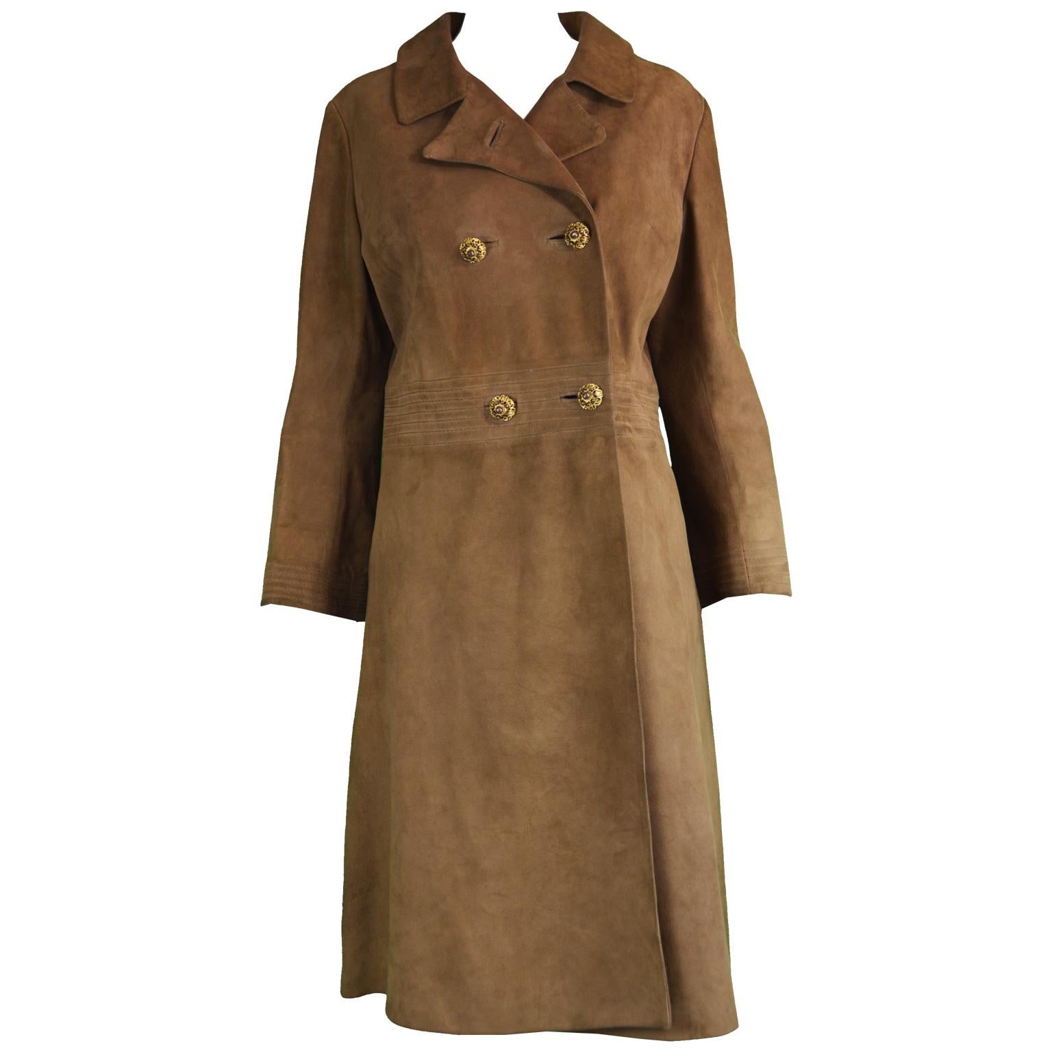 Loewe Rare Vintage 1960s Brown Suede Leather Double Breasted Coat