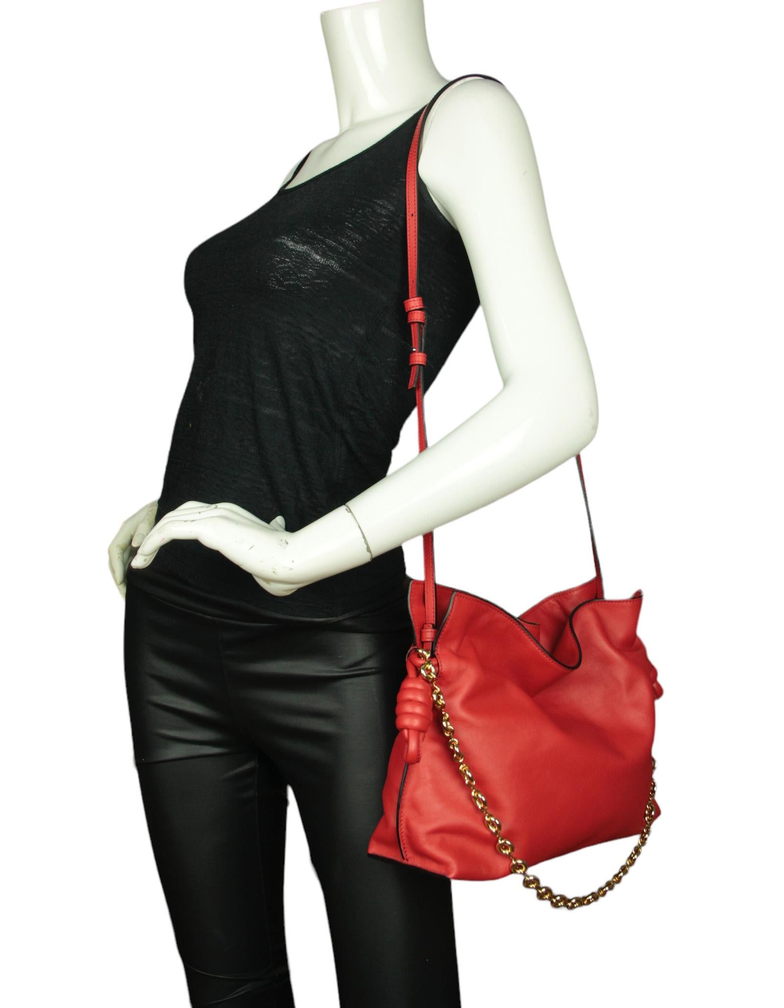 Loewe Red Calfskin Leather Medium Flamenco Clutch Bag.  Features optional adjustable leather shoulder strap and metal 