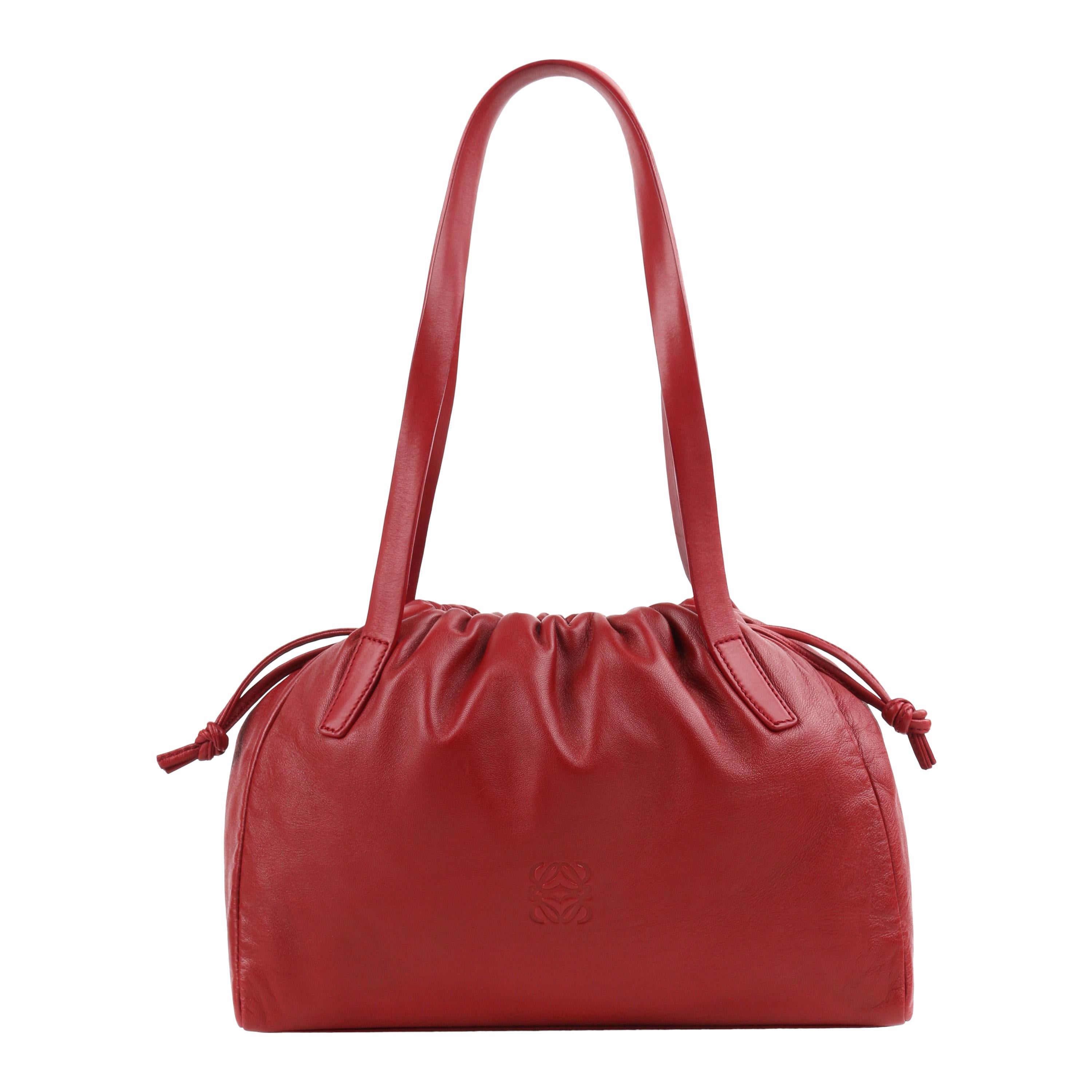 LOEWE Red Napa Leather Drawstring Top Dual Handle Shoulder Hobo Bag