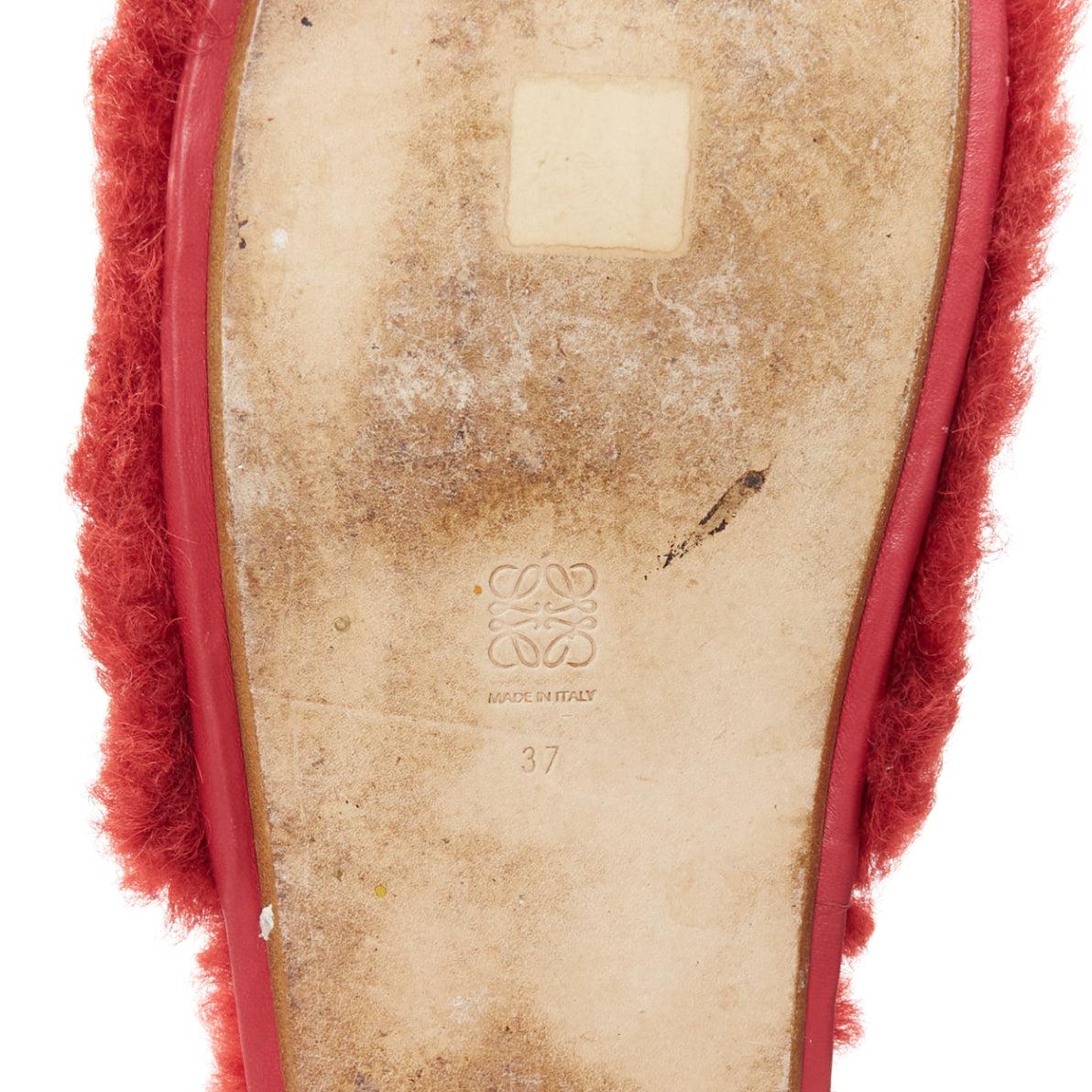 LOEWE red shearling brown anagram leather tag slipper mules EU37 5