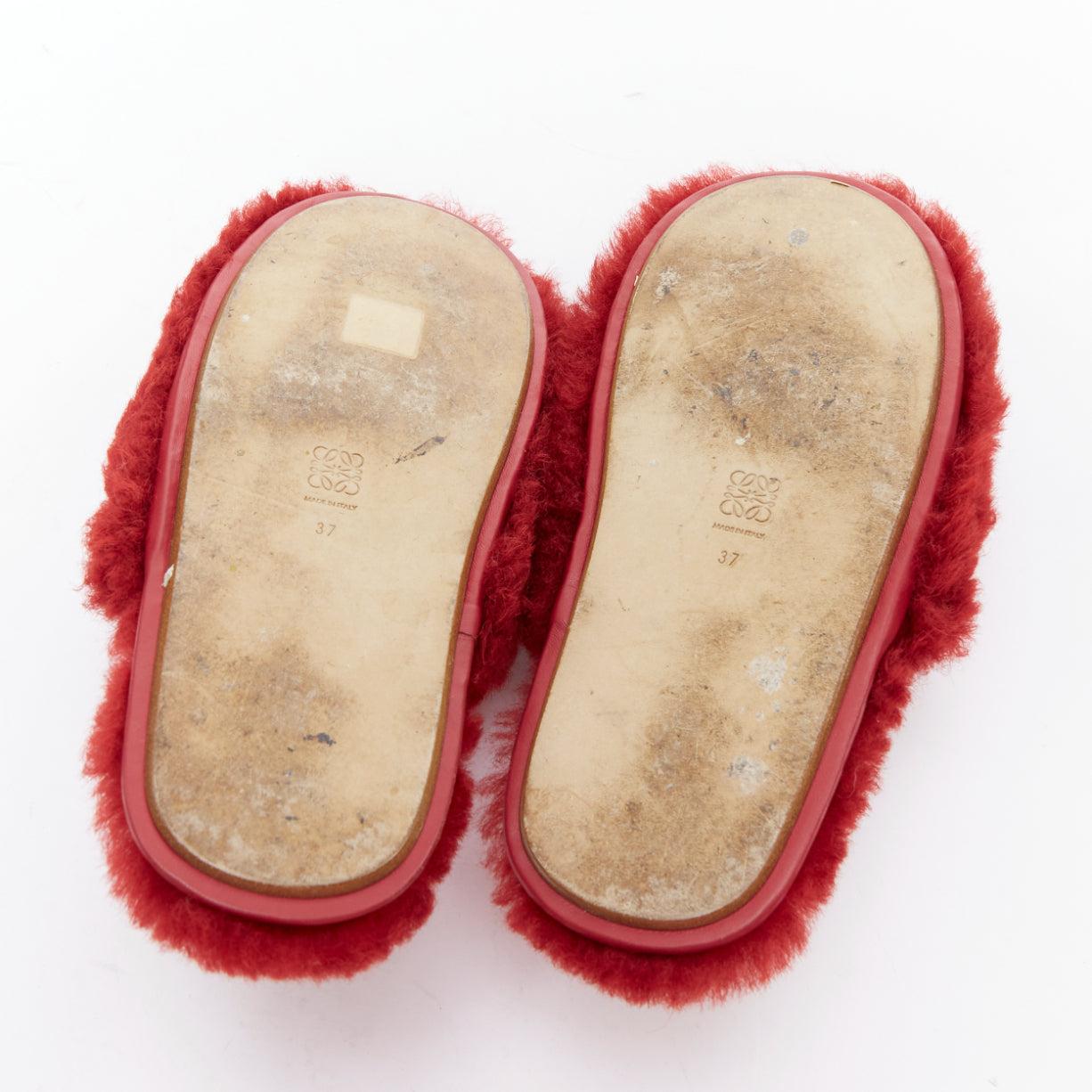 LOEWE red shearling brown anagram leather tag slipper mules EU37 6